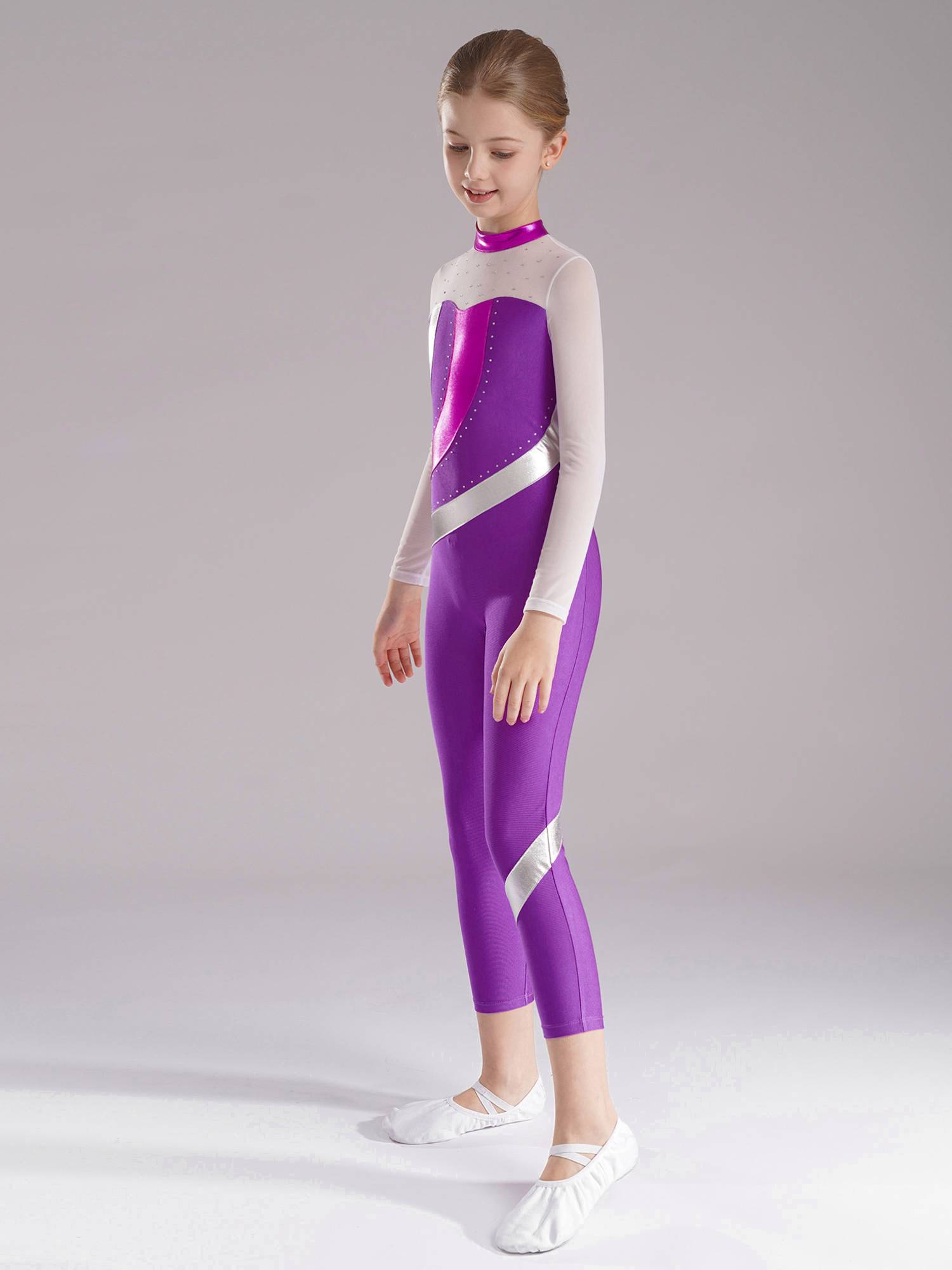 Kids Girls Long Sleeve Metallic Rhinestones Jumpsuit for Gymnastics Skating