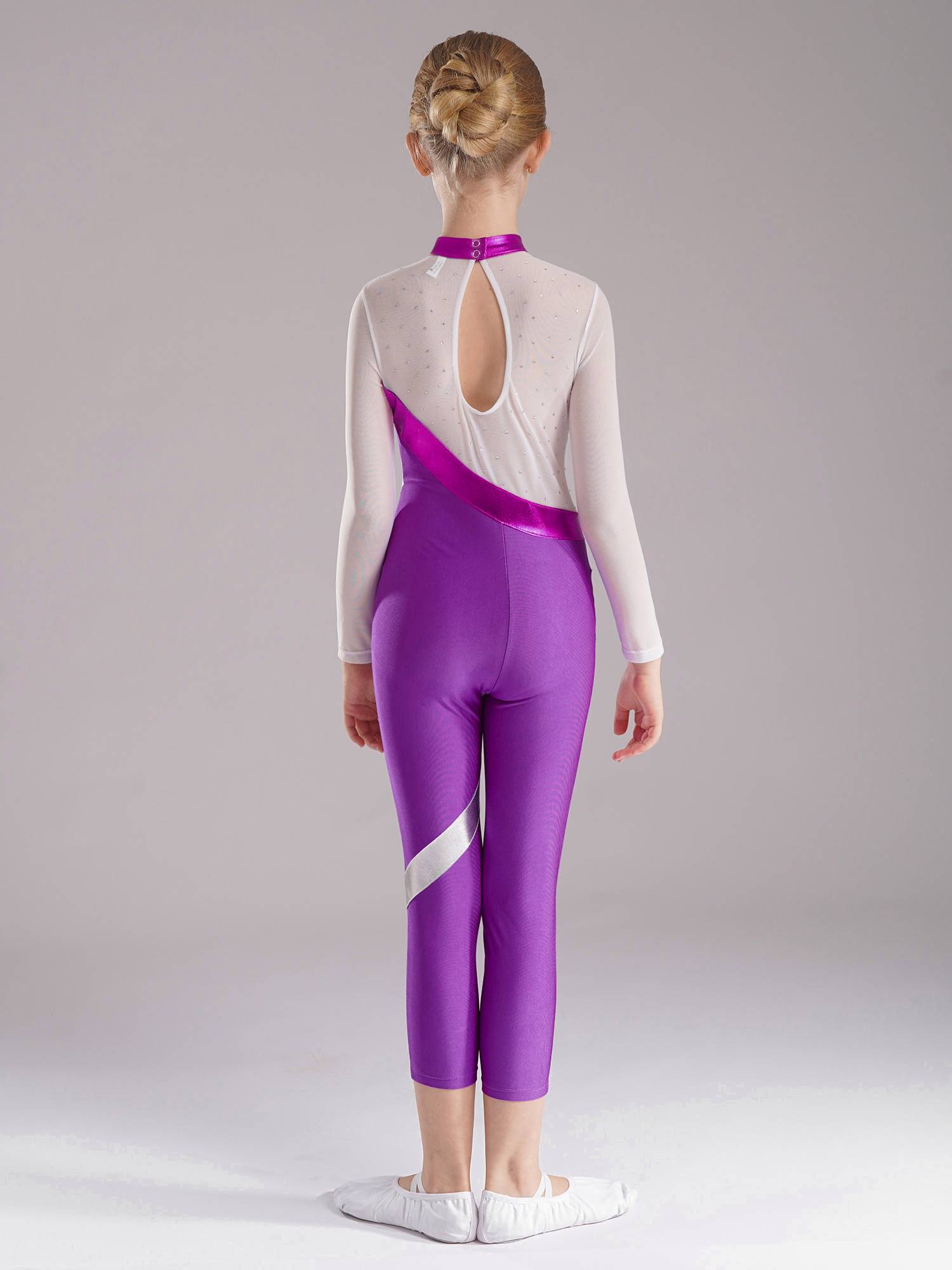 Kids Girls Long Sleeve Metallic Rhinestones Jumpsuit for Gymnastics Skating