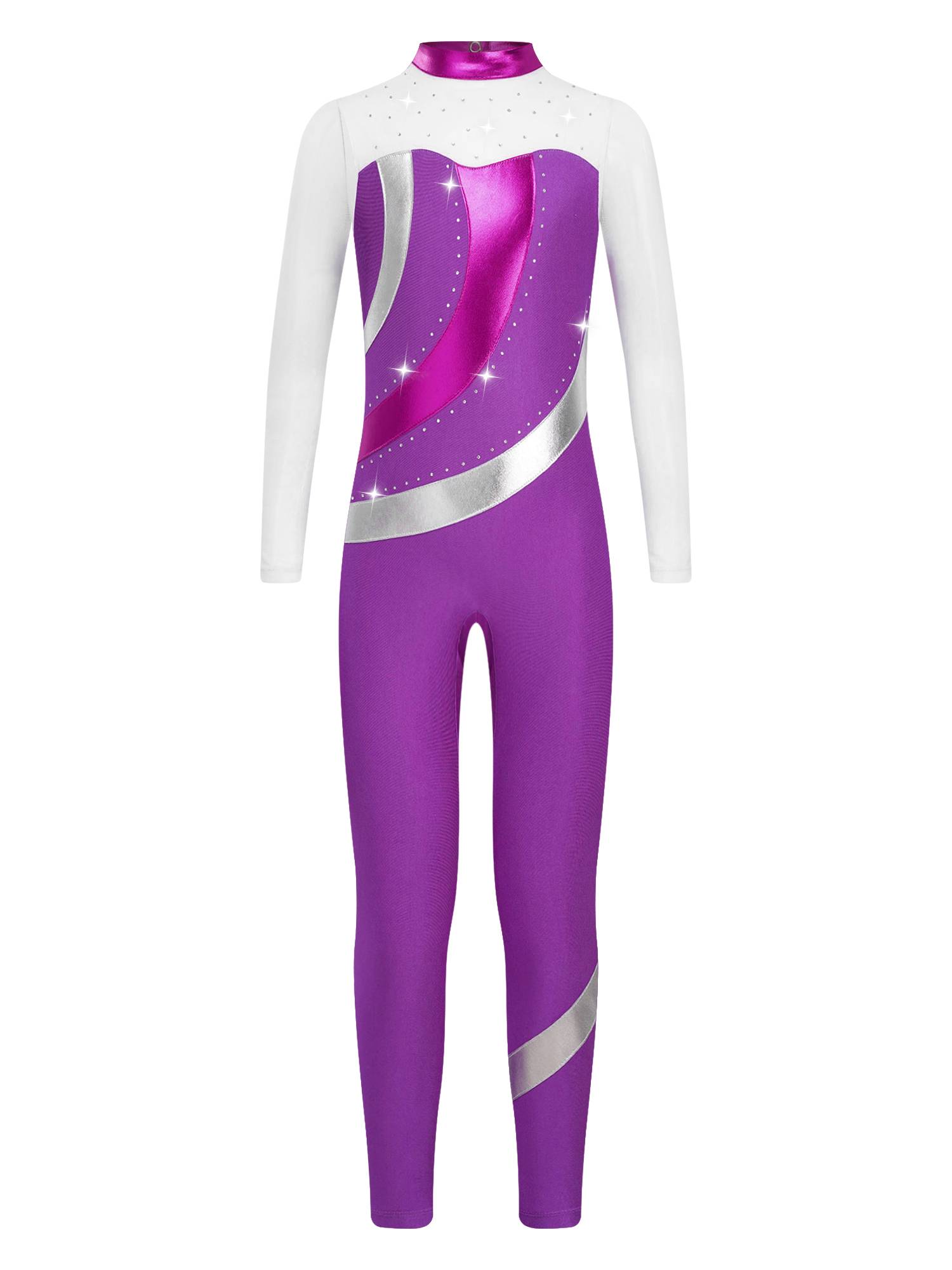 Kids Girls Long Sleeve Metallic Rhinestones Jumpsuit for Gymnastics Skating
