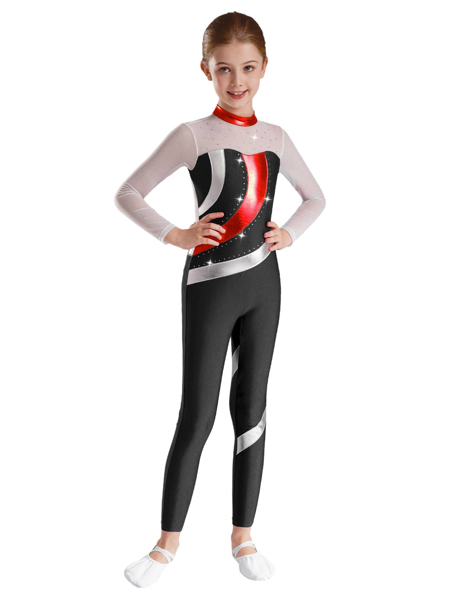 Kids Girls Long Sleeve Metallic Rhinestones Jumpsuit for Gymnastics Skating