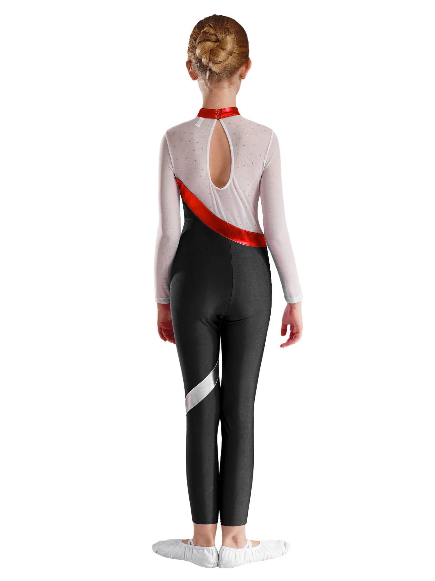 Kids Girls Long Sleeve Metallic Rhinestones Jumpsuit for Gymnastics Skating