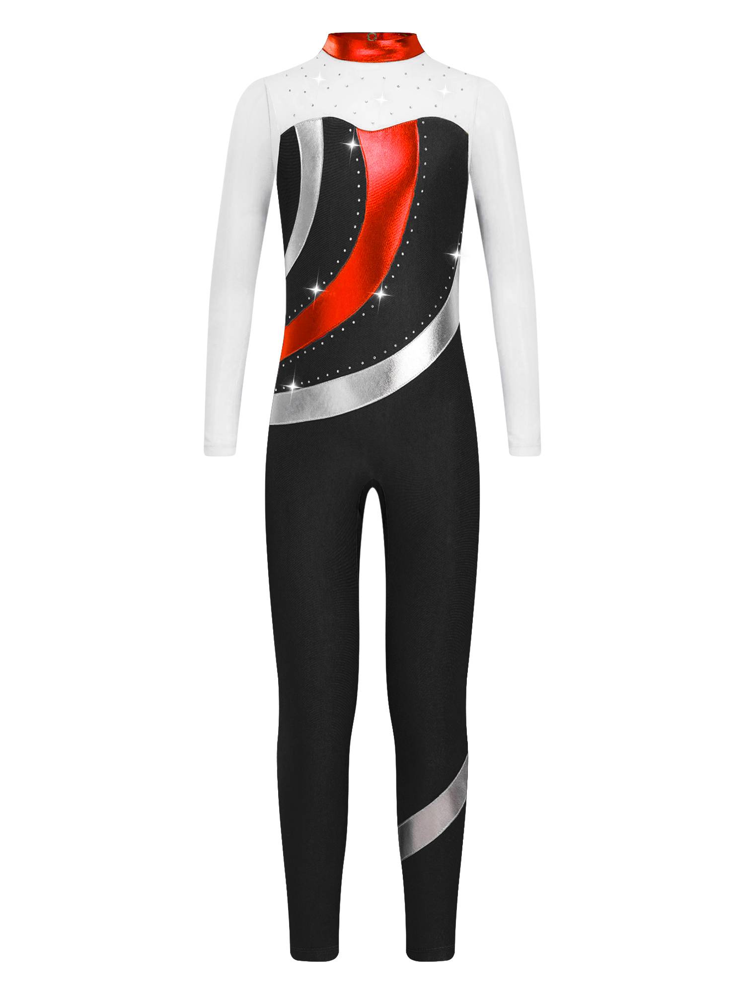 Kids Girls Long Sleeve Metallic Rhinestones Jumpsuit for Gymnastics Skating