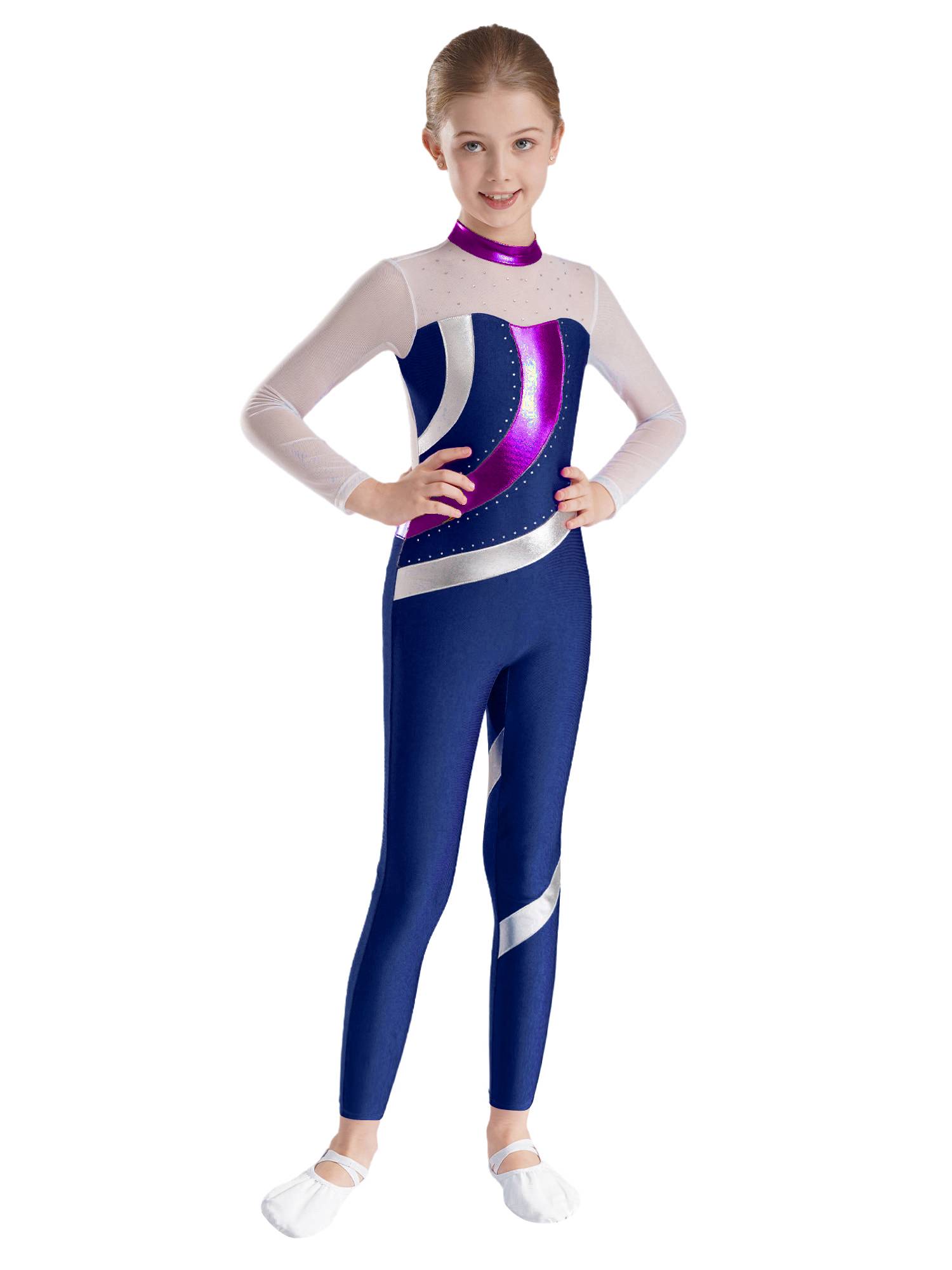 Kids Girls Long Sleeve Metallic Rhinestones Jumpsuit for Gymnastics Skating