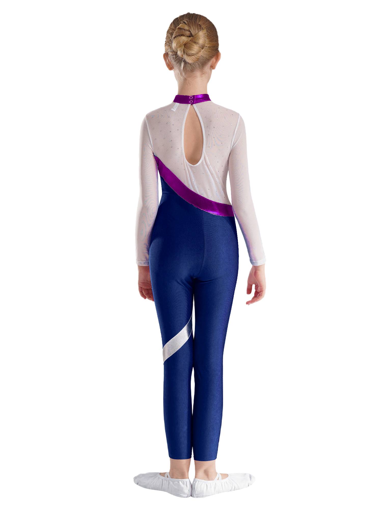 Kids Girls Long Sleeve Metallic Rhinestones Jumpsuit for Gymnastics Skating