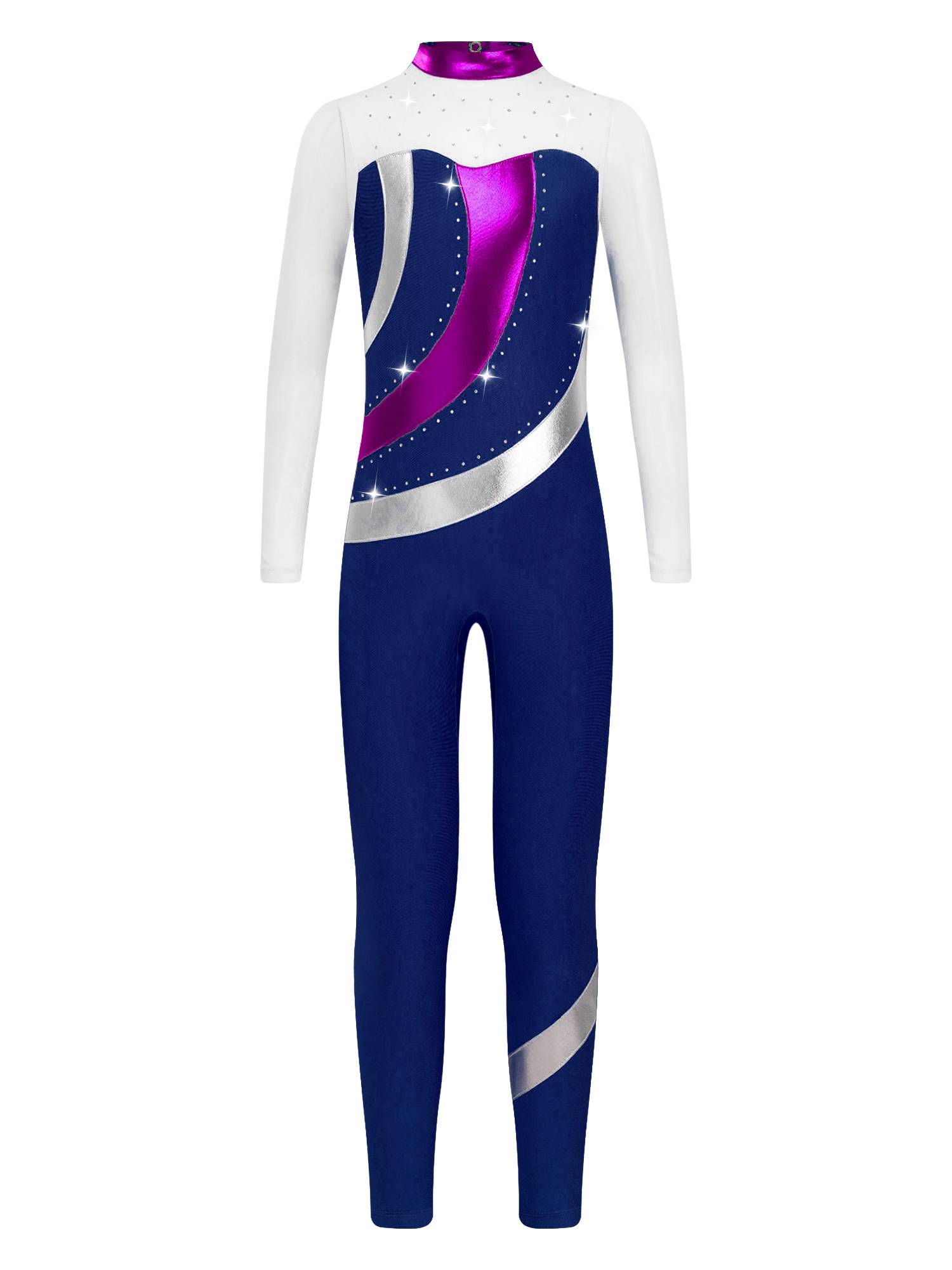 Kids Girls Long Sleeve Metallic Rhinestones Jumpsuit for Gymnastics Skating