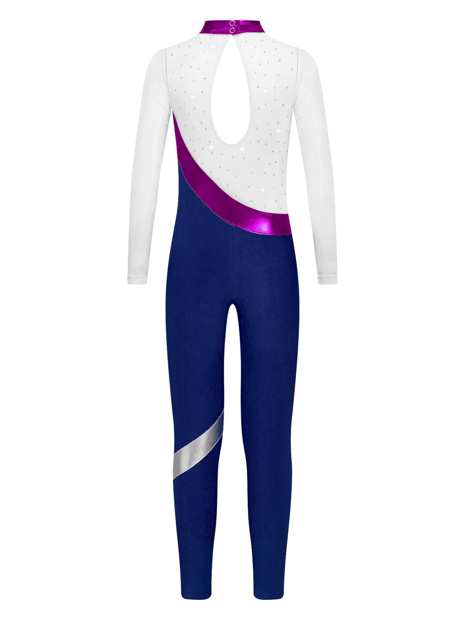 Kids Girls Long Sleeve Metallic Rhinestones Jumpsuit for Gymnastics Skating