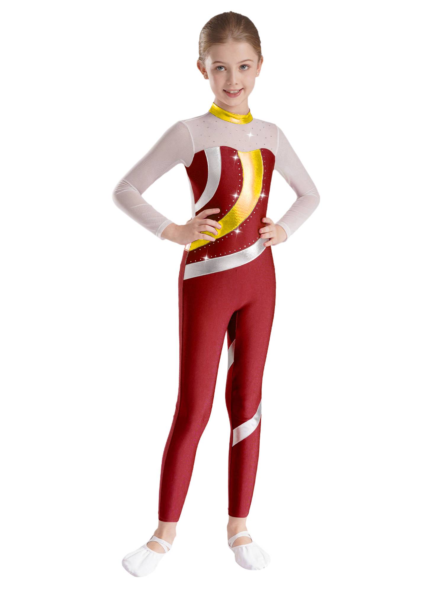 Kids Girls Long Sleeve Metallic Rhinestones Jumpsuit for Gymnastics Skating