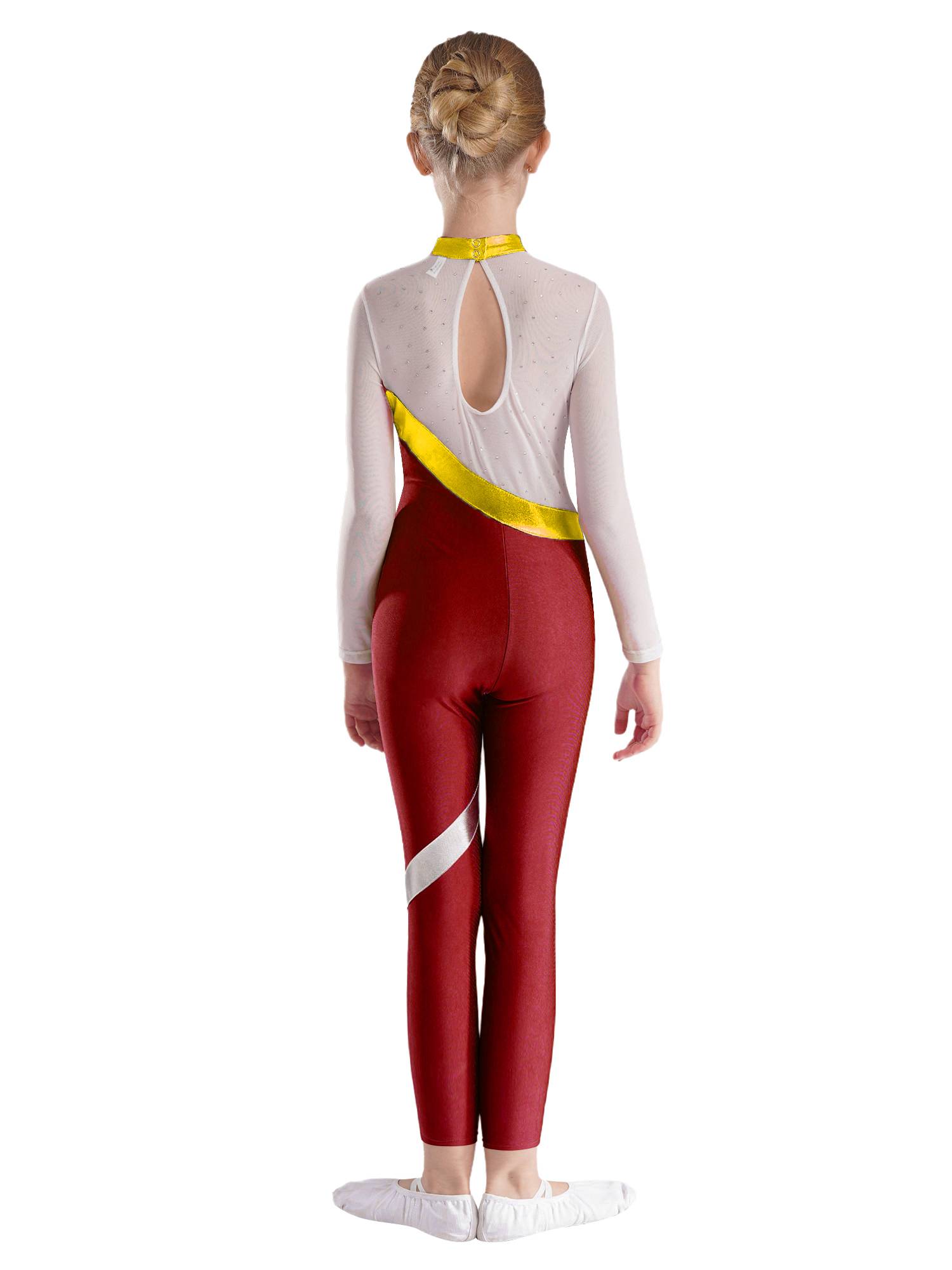 Kids Girls Long Sleeve Metallic Rhinestones Jumpsuit for Gymnastics Skating