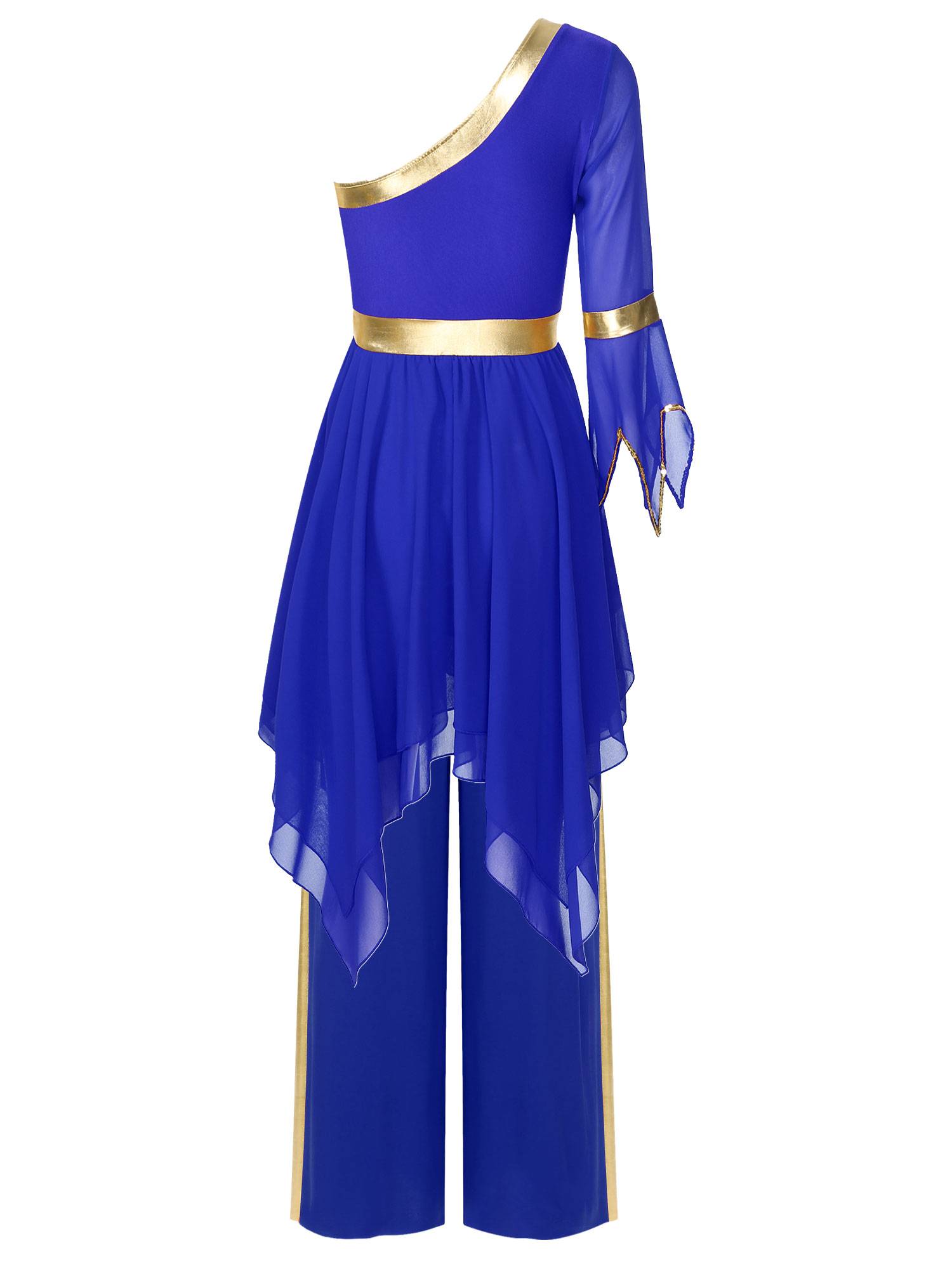 Women One Shoulder Flared Sleeve Dress and Pants Liturgical Praise Dance Set