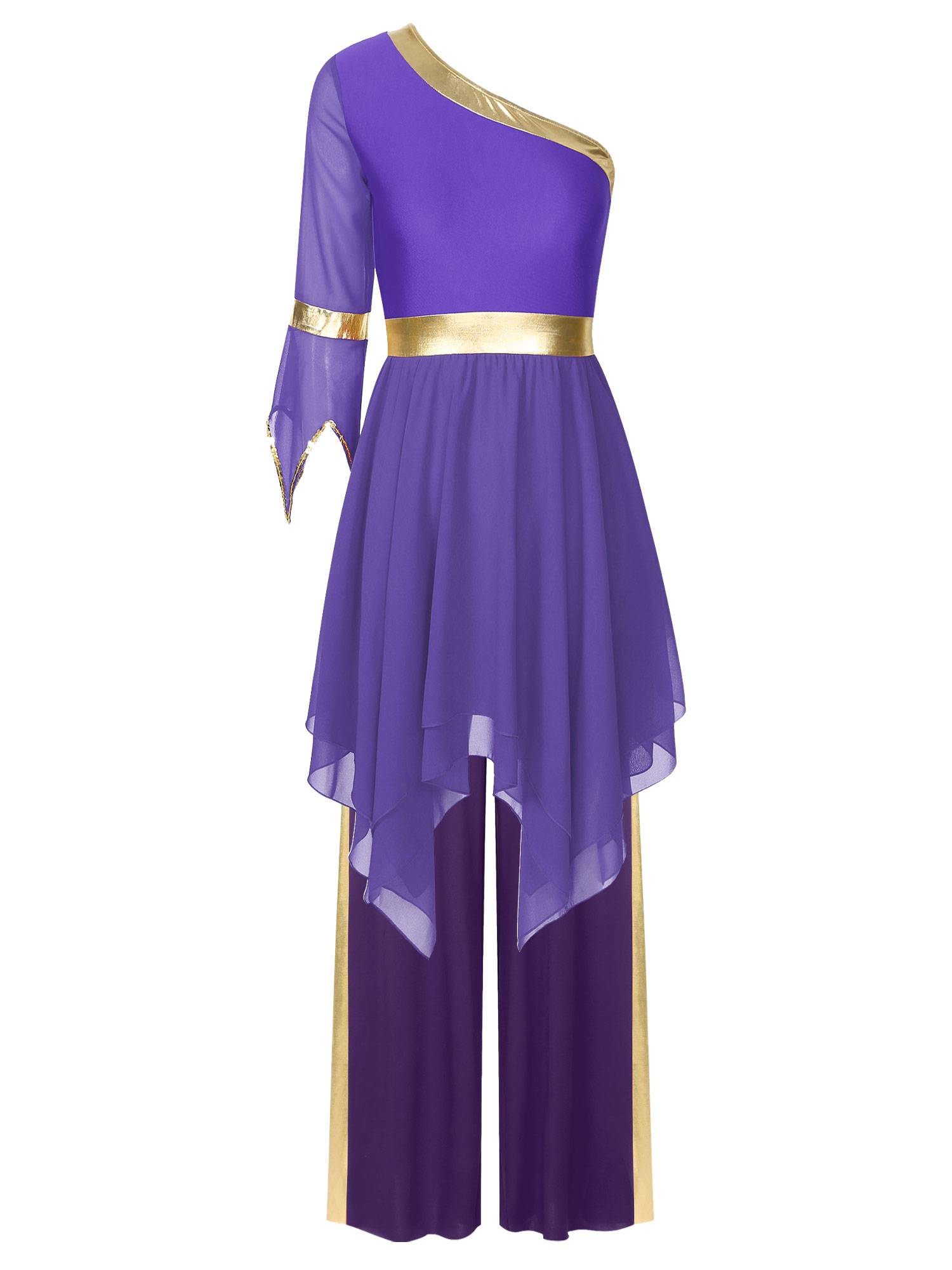 Women One Shoulder Flared Sleeve Dress and Pants Liturgical Praise Dance Set