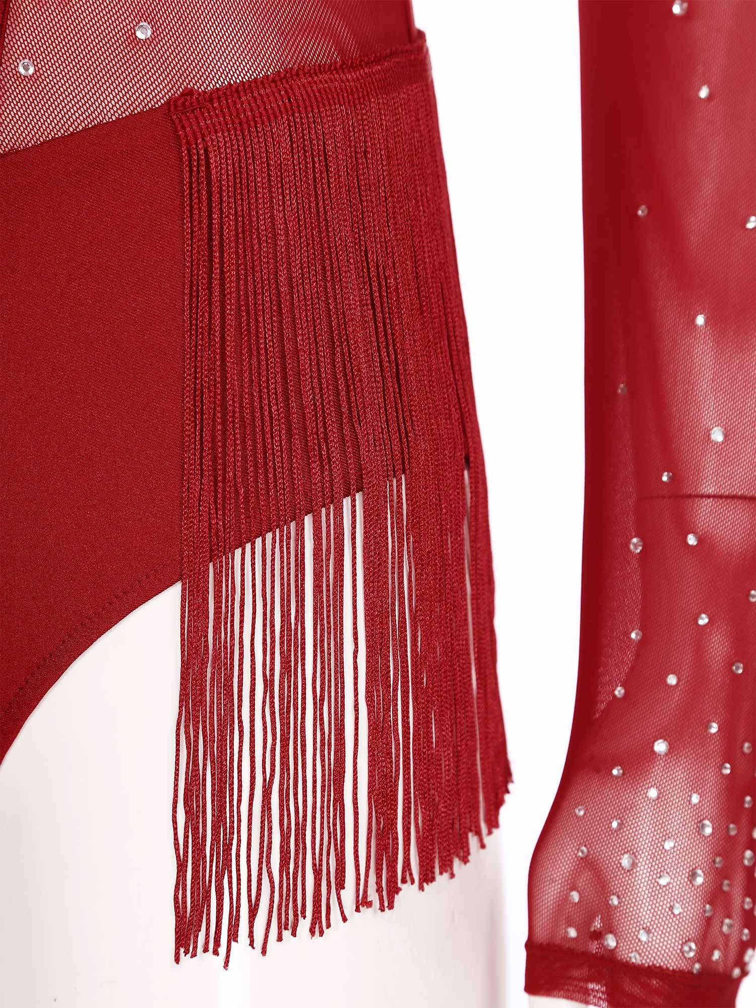 Women Long Sleeve Glittery Rhinestones Tassel Latin Skating Leotard