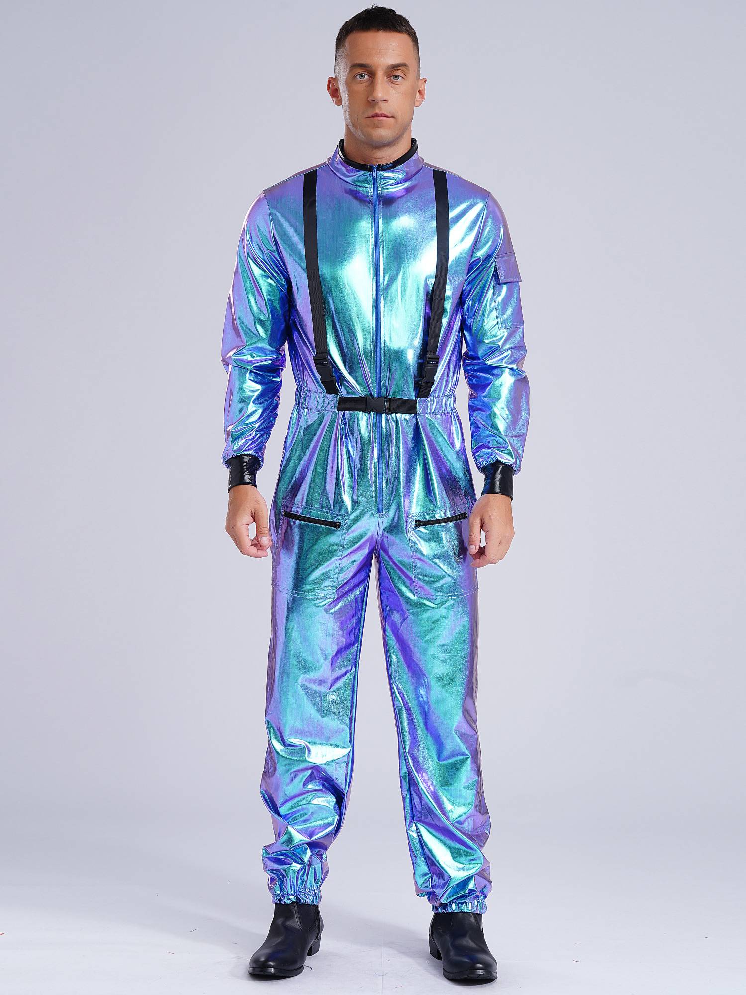 Men Mock Neck Long Sleeve Astronaut Costume Metallic Jumpsuits