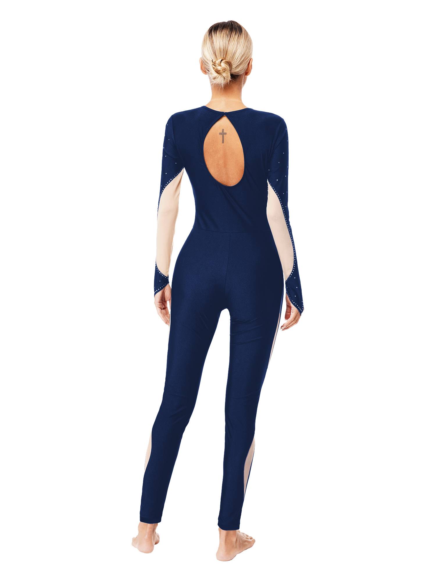 Women Long Sleeve Keyhole Back Rhinestones Decor Figure Skating Unitard