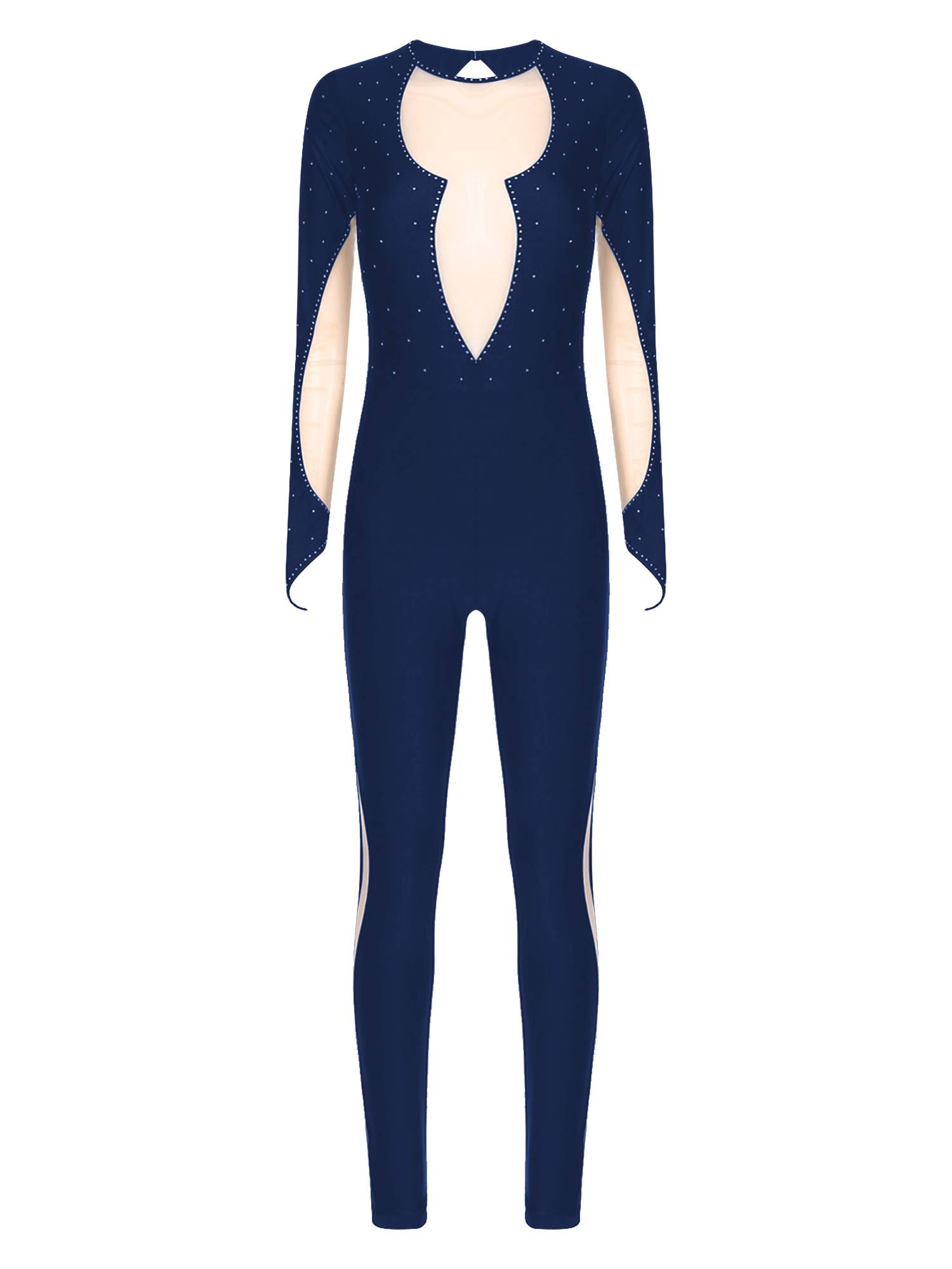 Women Long Sleeve Keyhole Back Rhinestones Decor Figure Skating Unitard