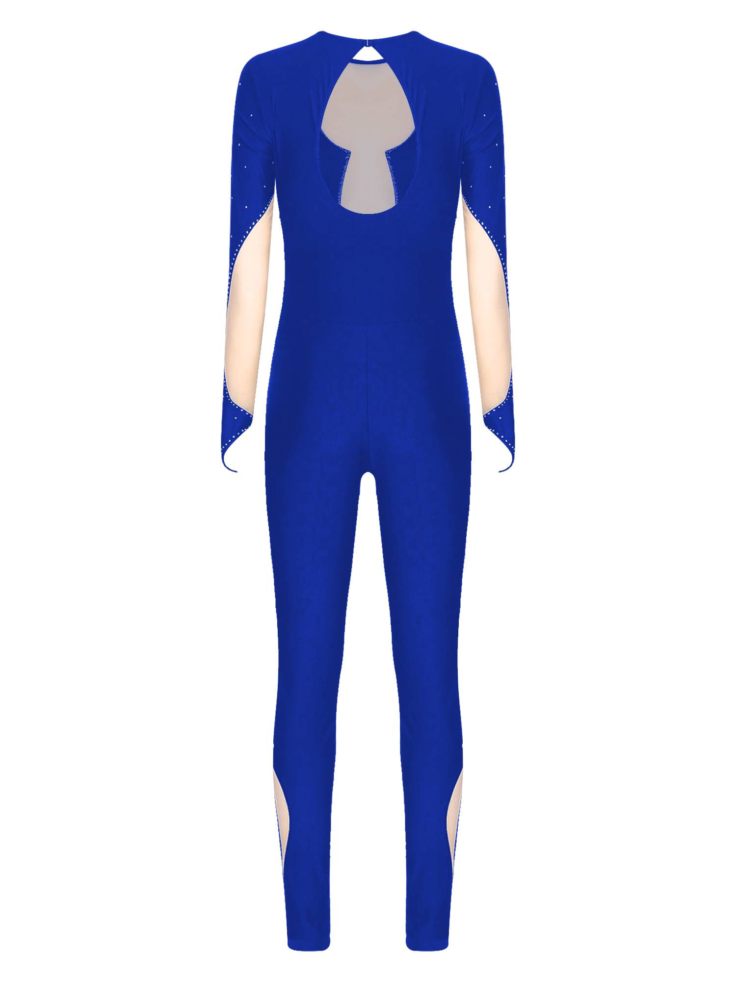 Women Long Sleeve Keyhole Back Rhinestones Decor Figure Skating Unitard