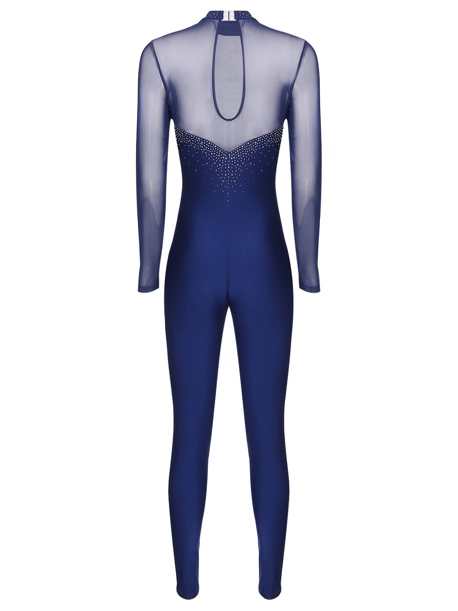 Women Long Sleeve Sparkle Rhinesontes Keyhole Back Figure Skating Unitard