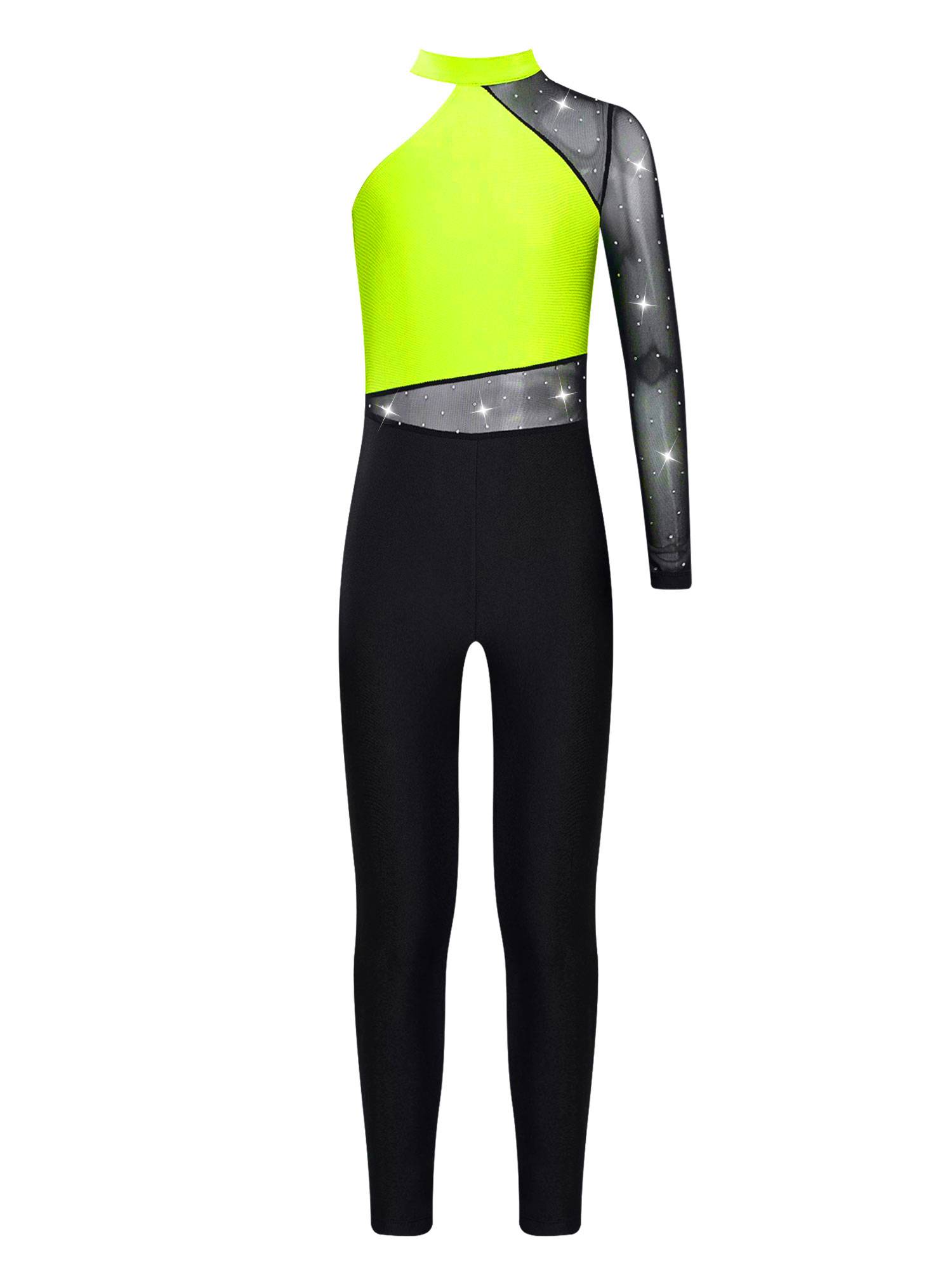 Kids Girls One Shoulder Long Sleeve Rhinestones Figure Skating Unitard