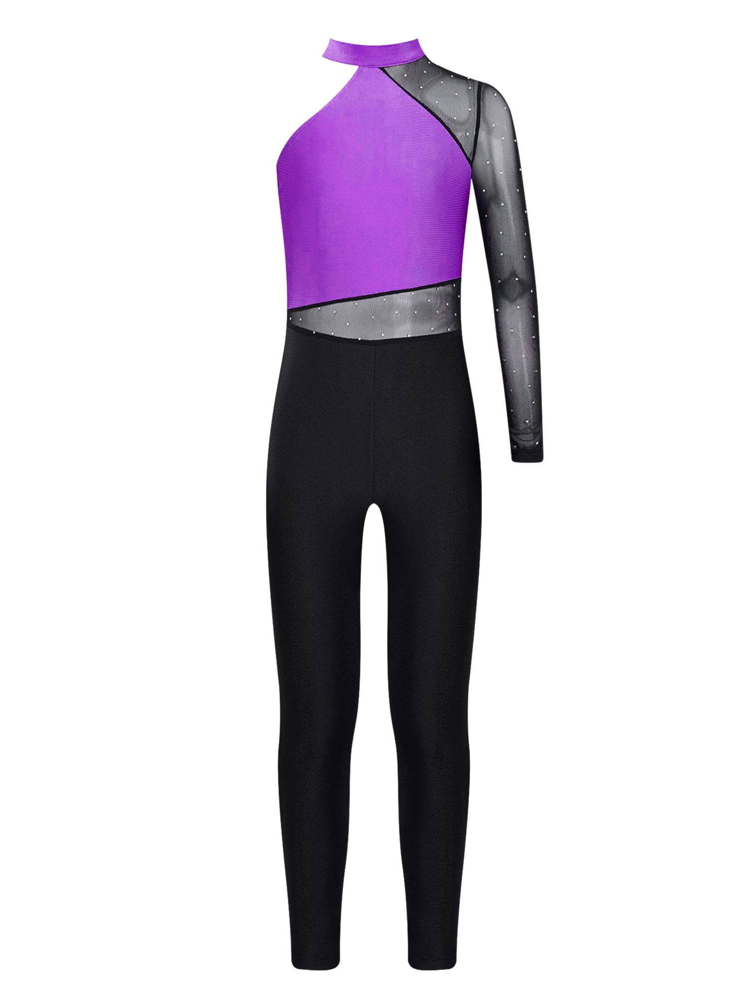 Kids Girls One Shoulder Long Sleeve Rhinestones Figure Skating Unitard