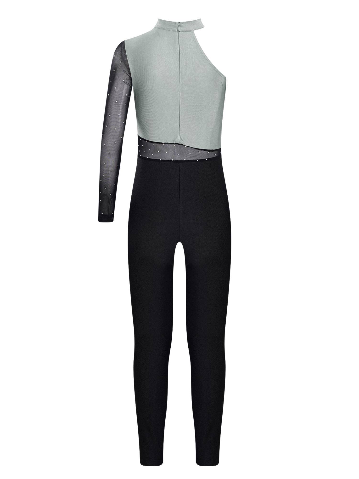 Kids Girls One Shoulder Long Sleeve Rhinestones Figure Skating Unitard