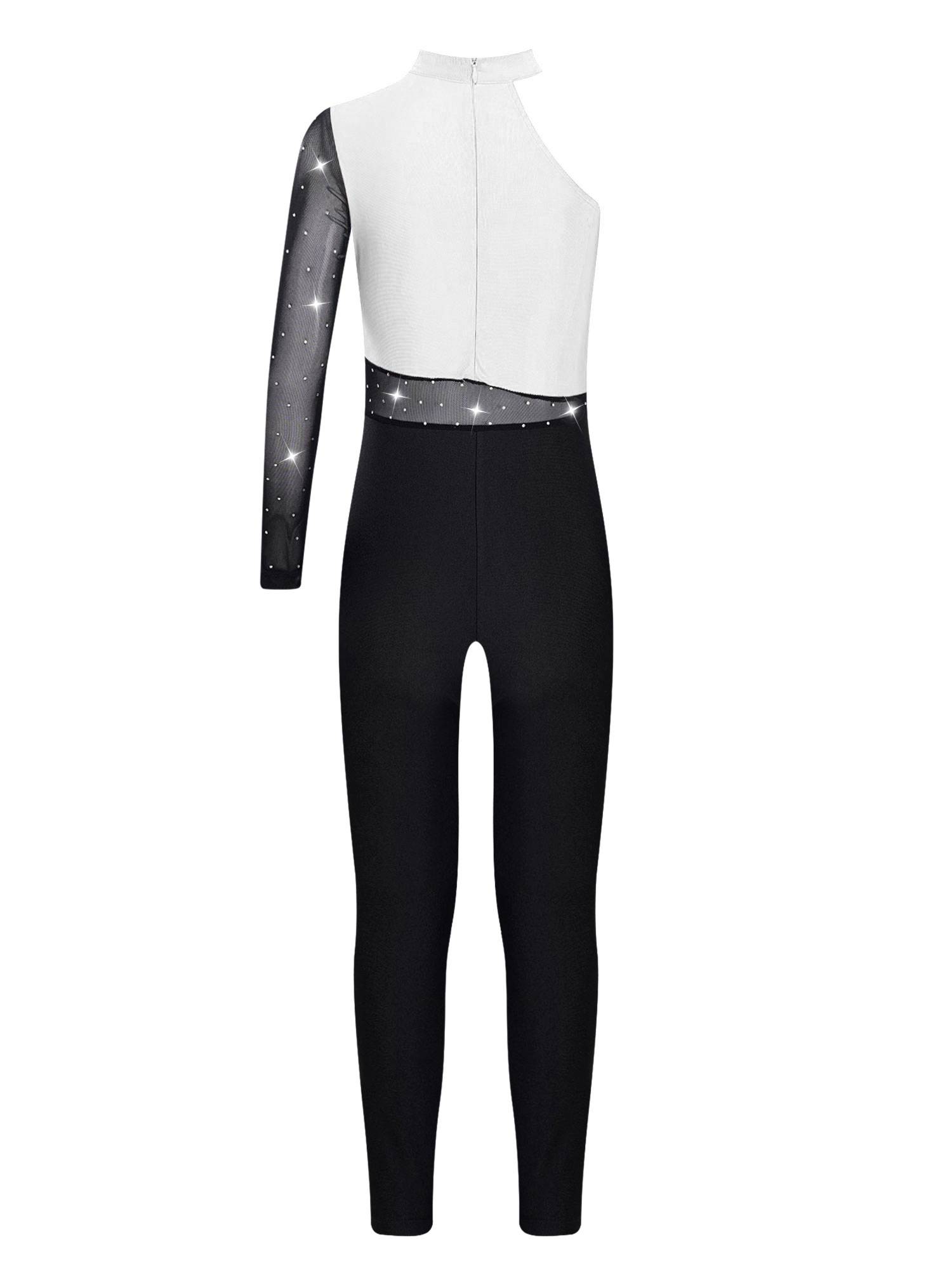 Kids Girls One Shoulder Long Sleeve Rhinestones Figure Skating Unitard