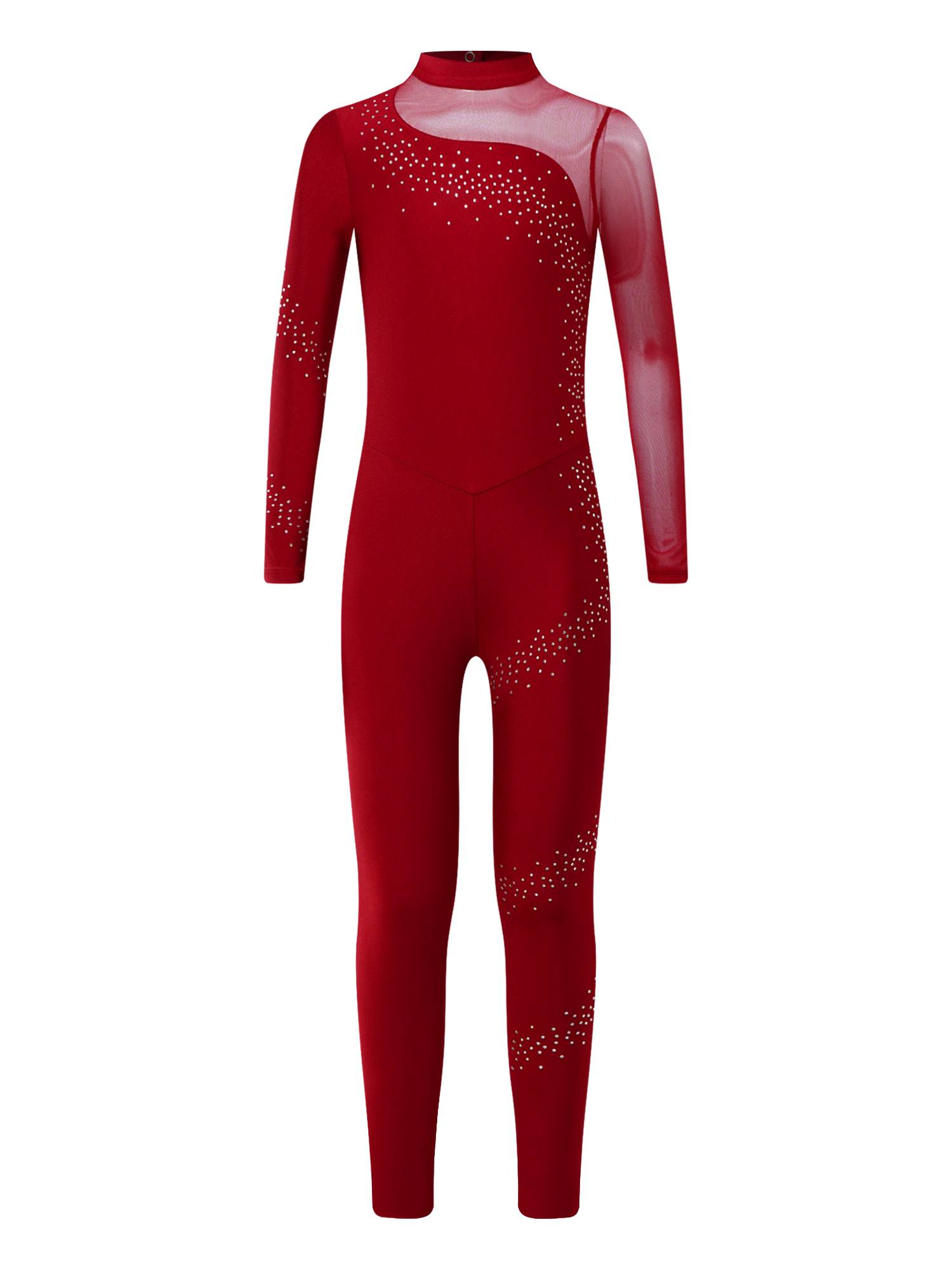 Kids Girls Sparkly Rhinestones Long Sleeve Figure Skating Unitard