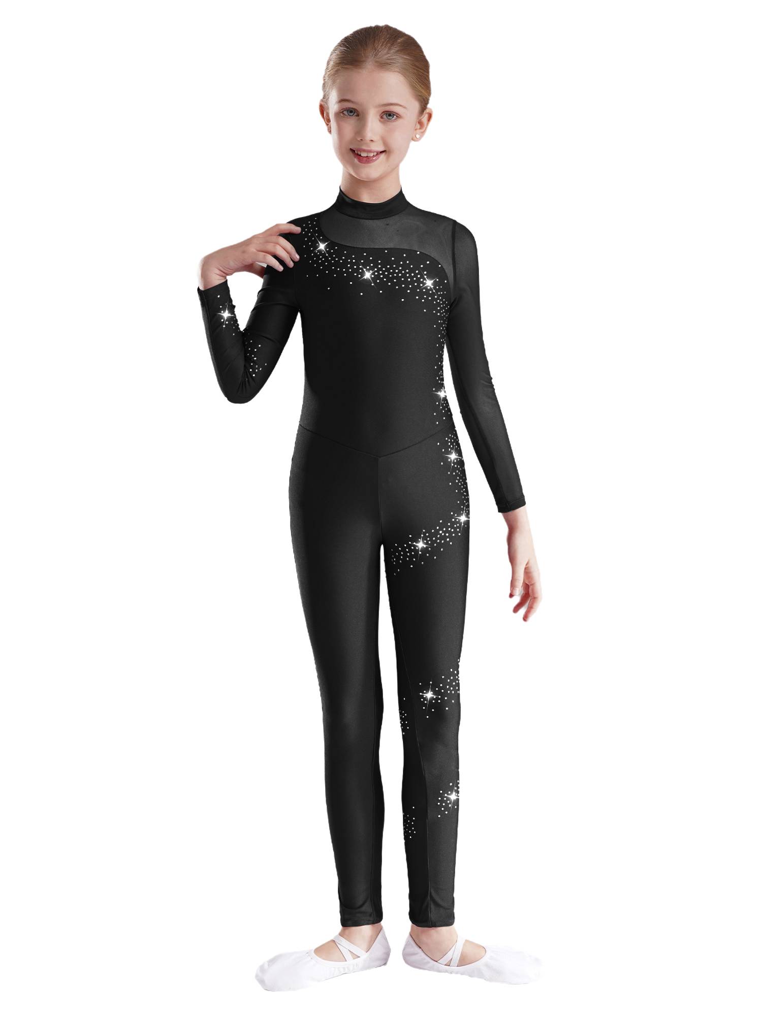 Kids Girls Sparkly Rhinestones Long Sleeve Figure Skating Unitard