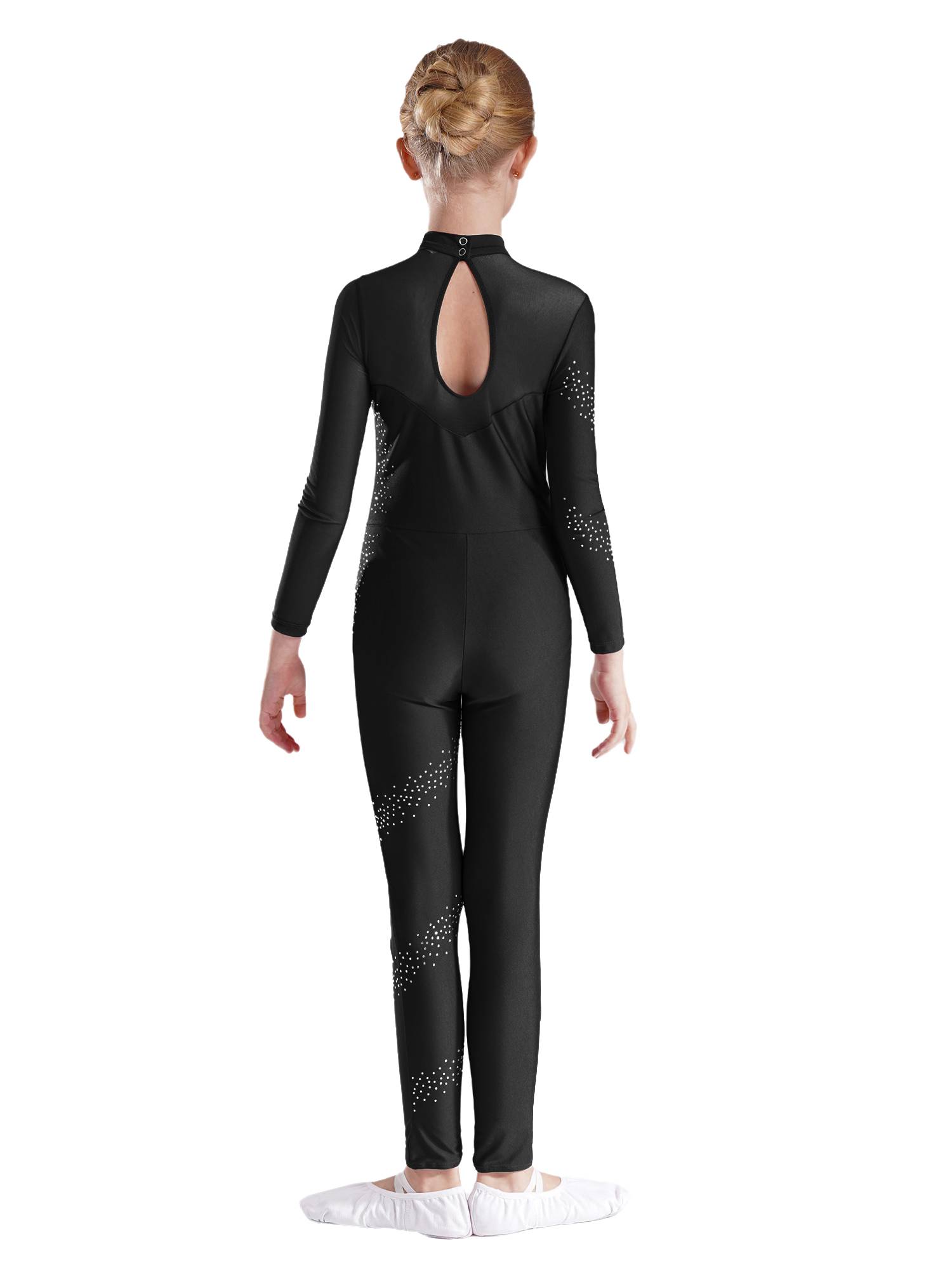 Kids Girls Sparkly Rhinestones Long Sleeve Figure Skating Unitard