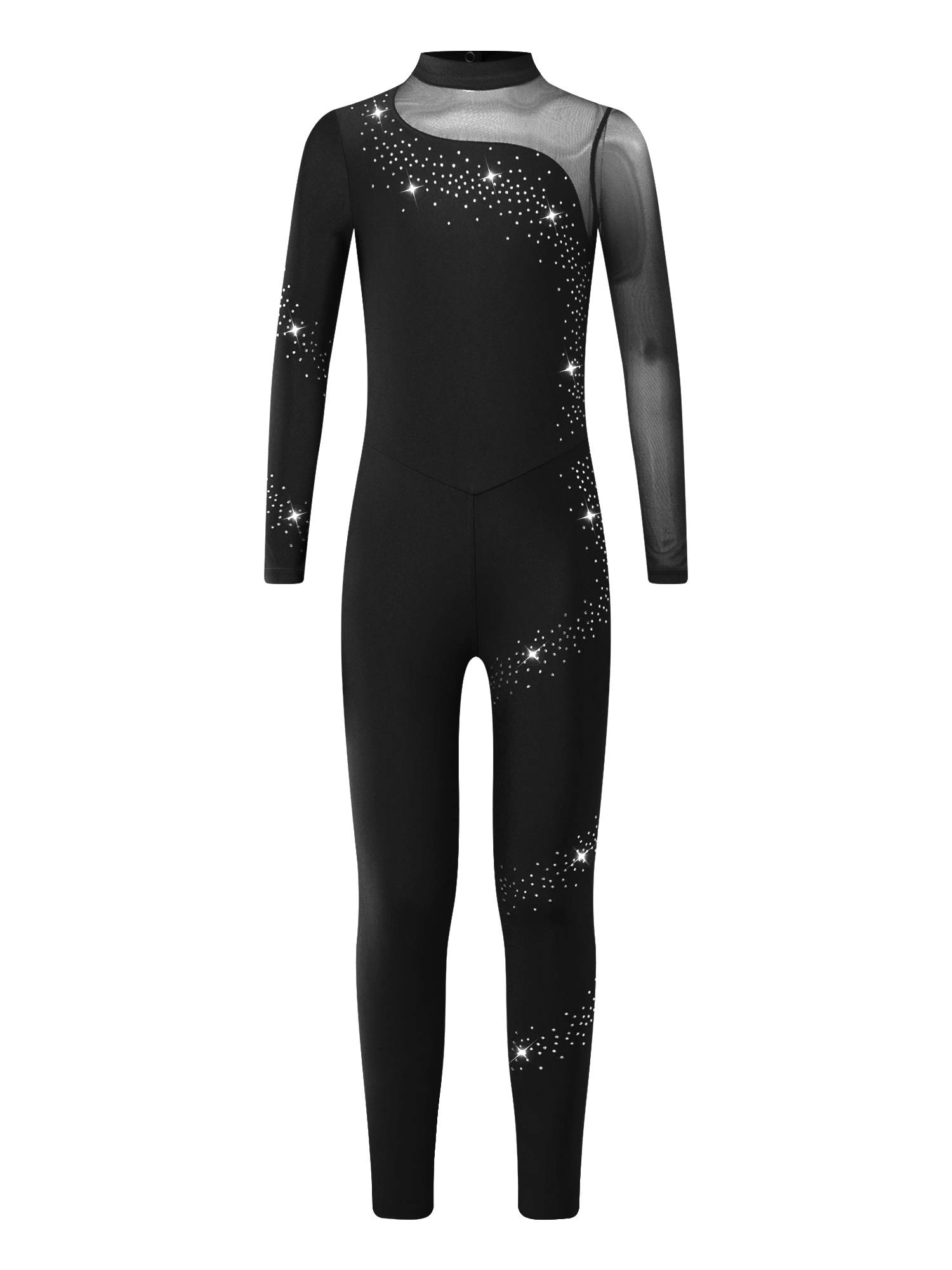 Kids Girls Sparkly Rhinestones Long Sleeve Figure Skating Unitard