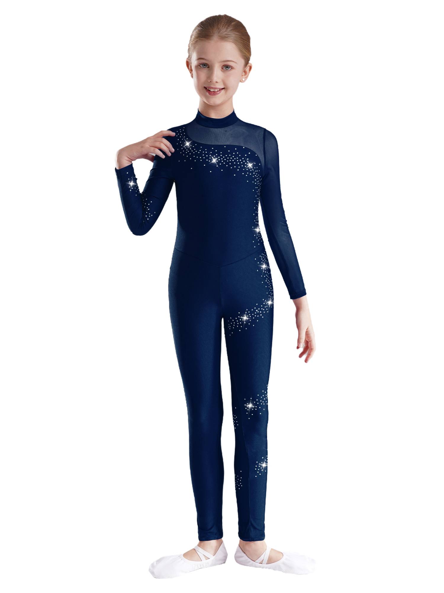 Kids Girls Sparkly Rhinestones Long Sleeve Figure Skating Unitard