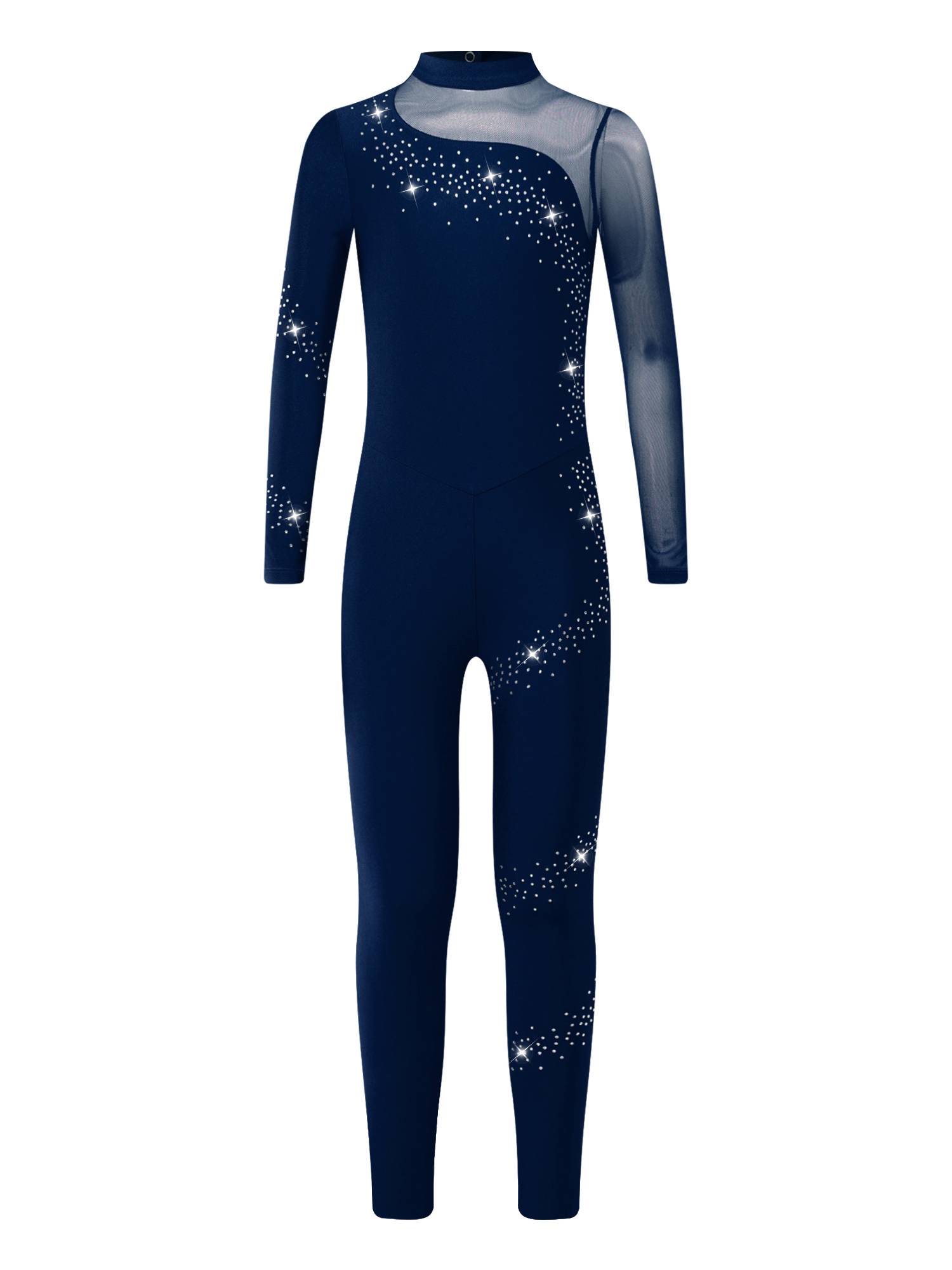 Kids Girls Sparkly Rhinestones Long Sleeve Figure Skating Unitard