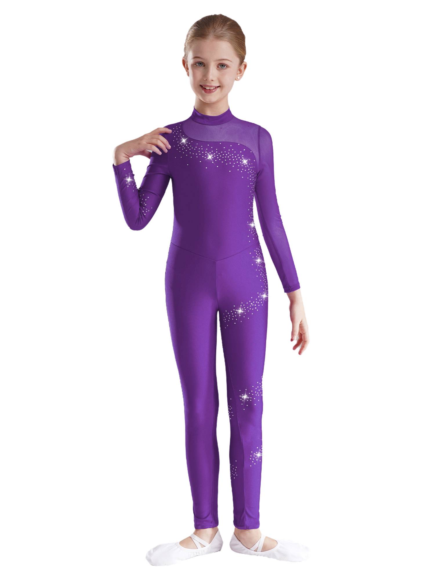 Kids Girls Sparkly Rhinestones Long Sleeve Figure Skating Unitard