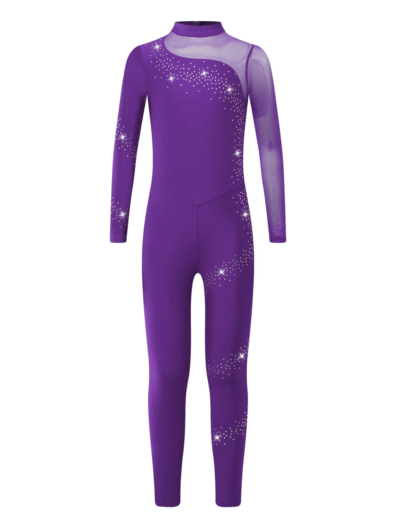 Kids Girls Sparkly Rhinestones Long Sleeve Figure Skating Unitard