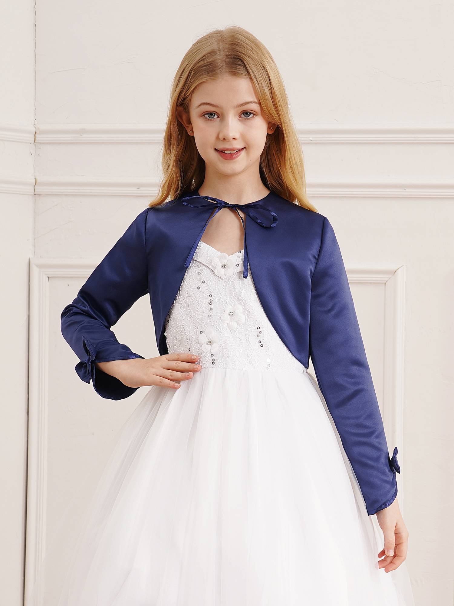 Kids Girls Stain Long Sleeve Bow Lace-up Crop Cardigan Solid Bolero