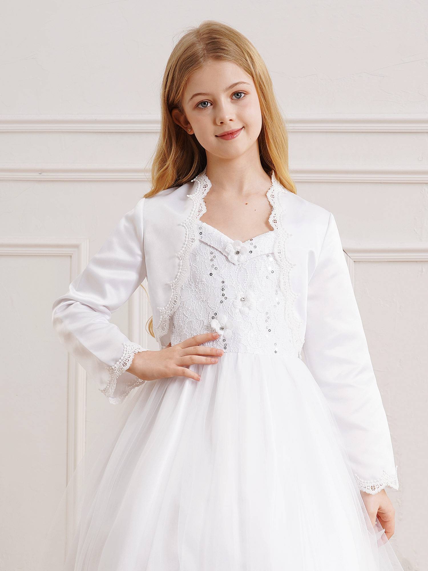 Kids Girls Satin Long Sleeve Open Front Eyelash Lace Crop Bolero