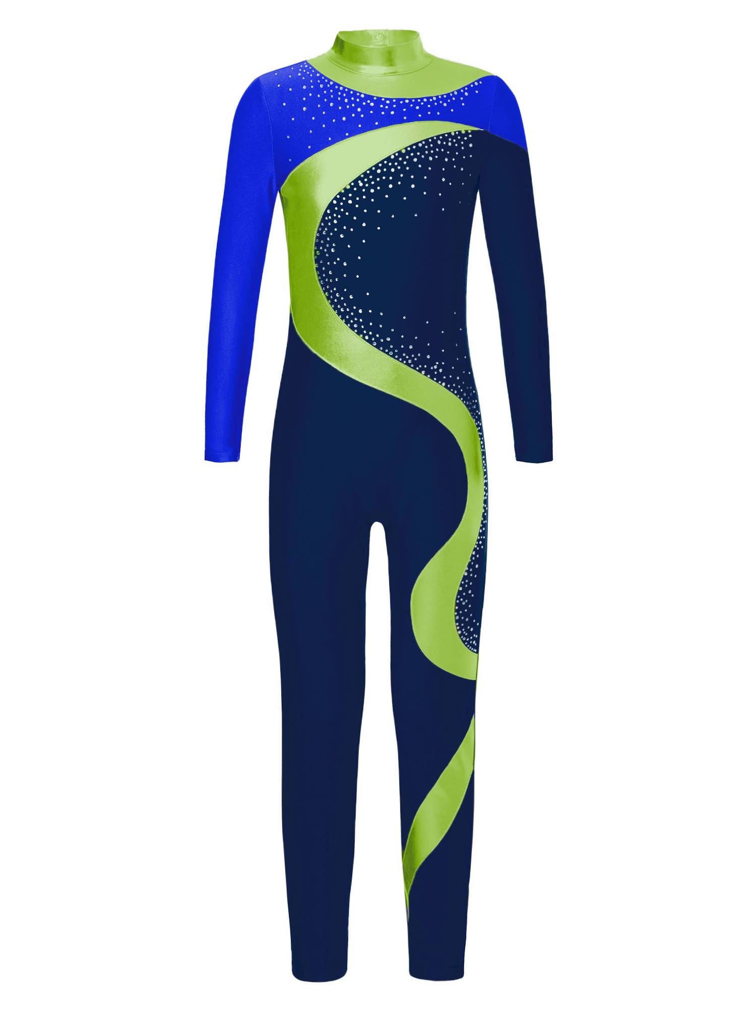 Kids Girls Metallic Rhinestones Long Sleeve Keyhole Back Figure Skating Unitard