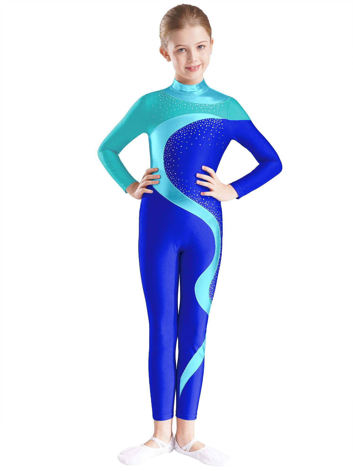 Kids Girls Metallic Rhinestones Long Sleeve Keyhole Back Figure Skating Unitard