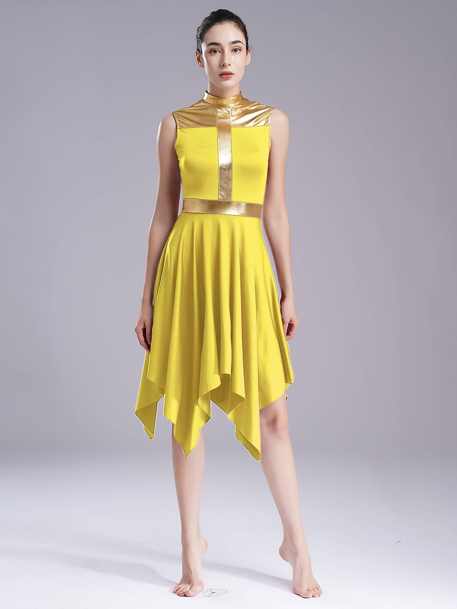 Women Metallic Mock Neck Sleeveless Asymmetrical Worship Dance Dress