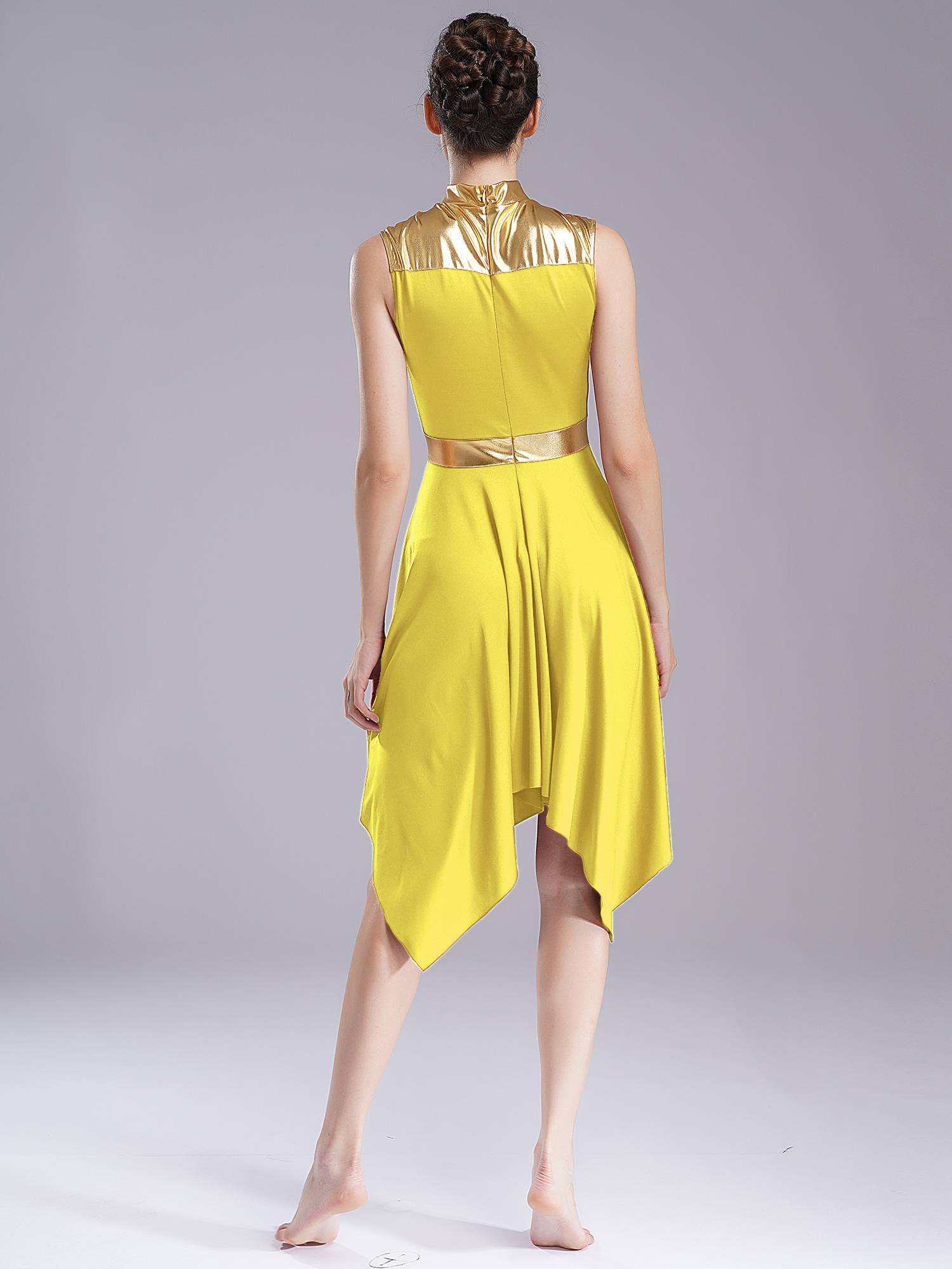 Women Metallic Mock Neck Sleeveless Asymmetrical Worship Dance Dress