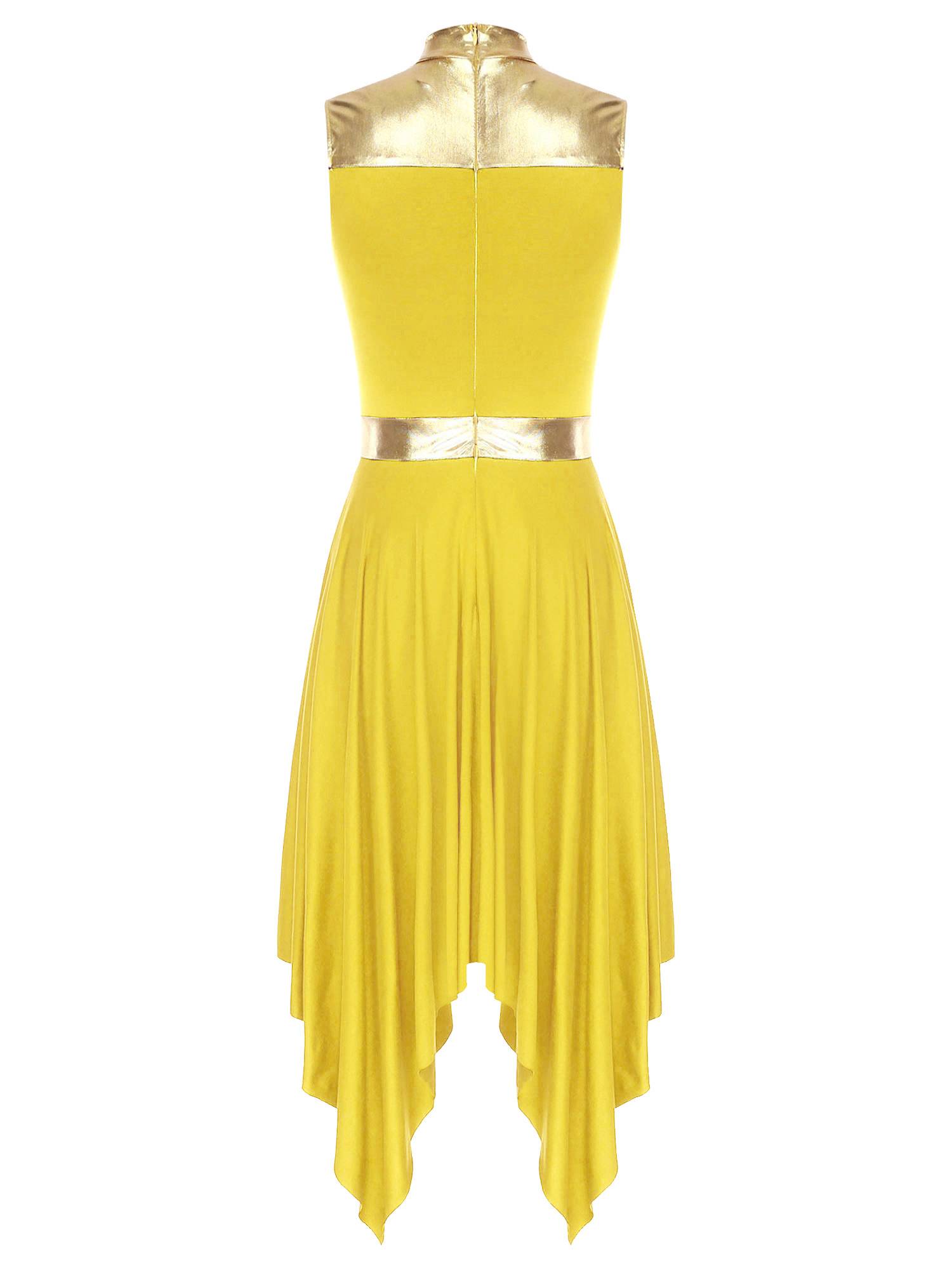 Women Metallic Mock Neck Sleeveless Asymmetrical Worship Dance Dress