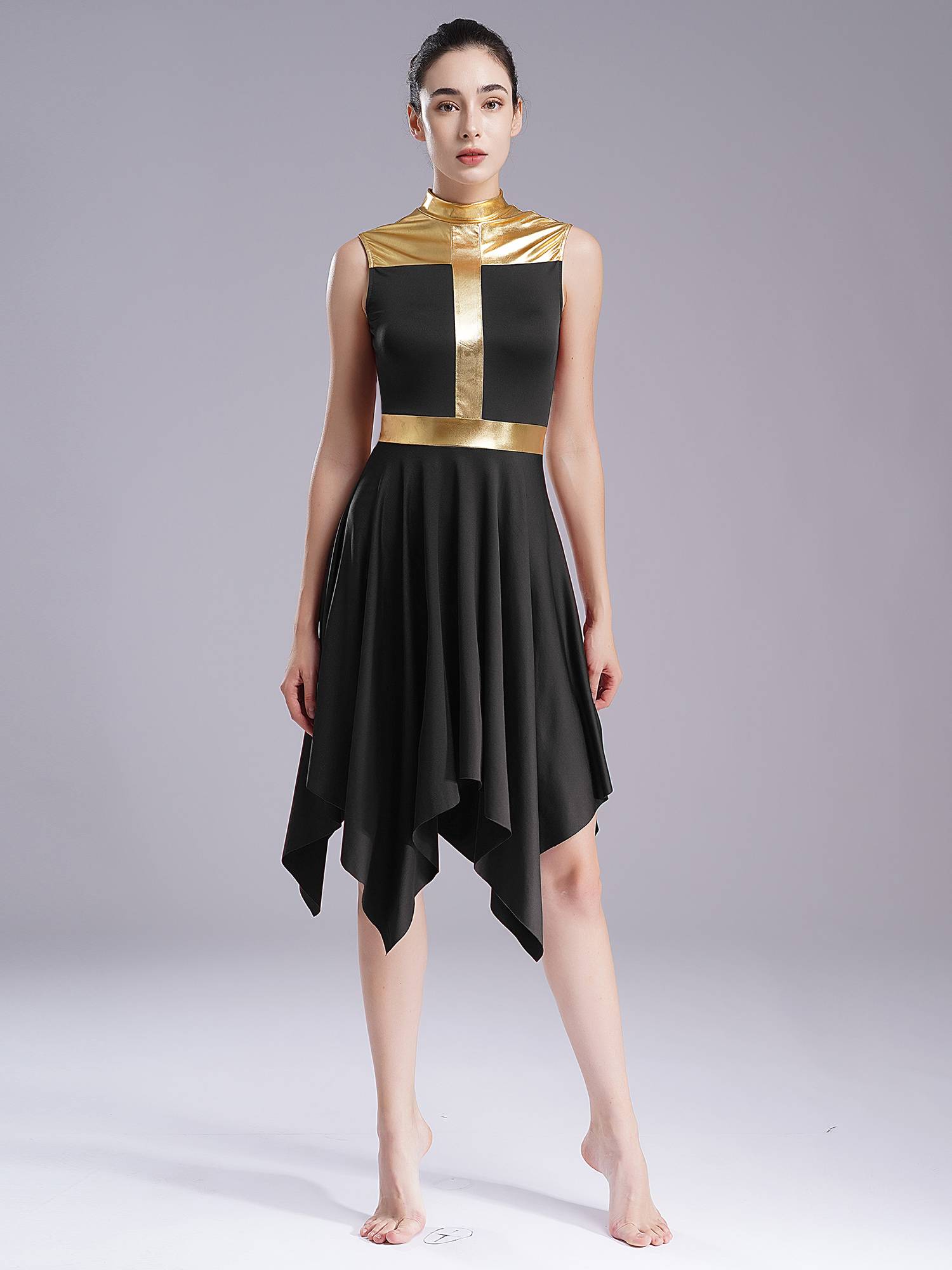 Women Metallic Mock Neck Sleeveless Asymmetrical Worship Dance Dress