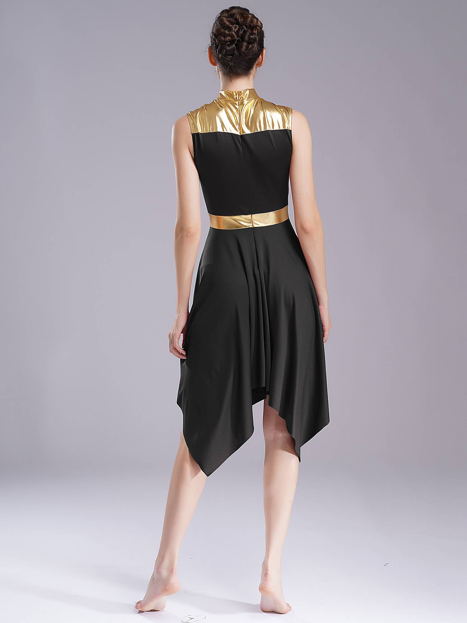 Women Metallic Mock Neck Sleeveless Asymmetrical Worship Dance Dress