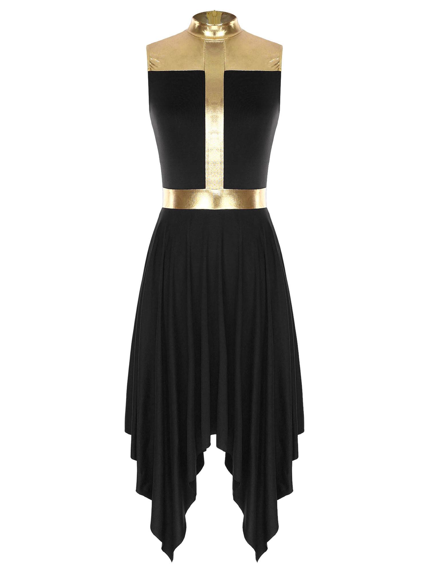 Women Metallic Mock Neck Sleeveless Asymmetrical Worship Dance Dress