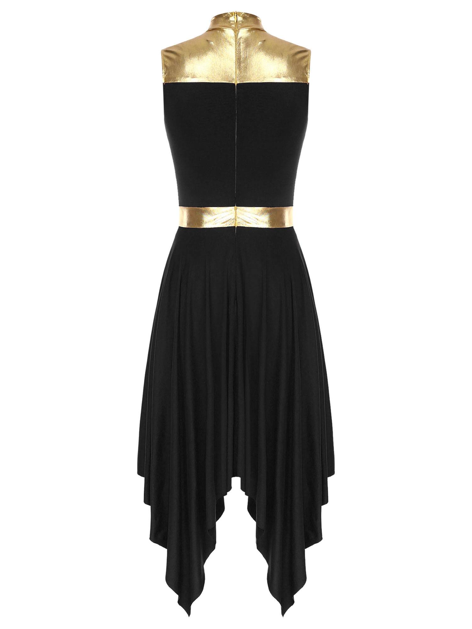 Women Metallic Mock Neck Sleeveless Asymmetrical Worship Dance Dress