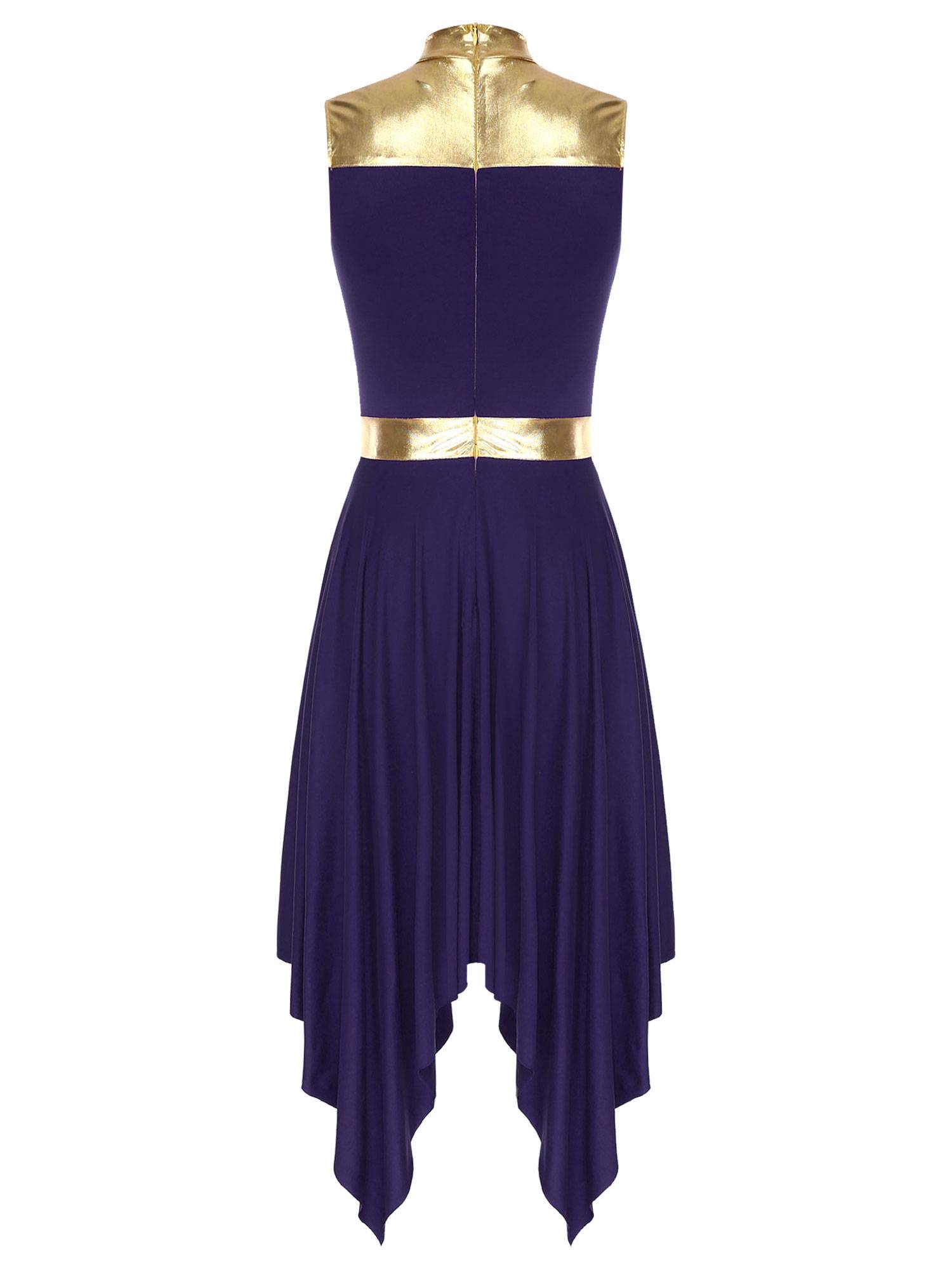 Women Metallic Mock Neck Sleeveless Asymmetrical Worship Dance Dress