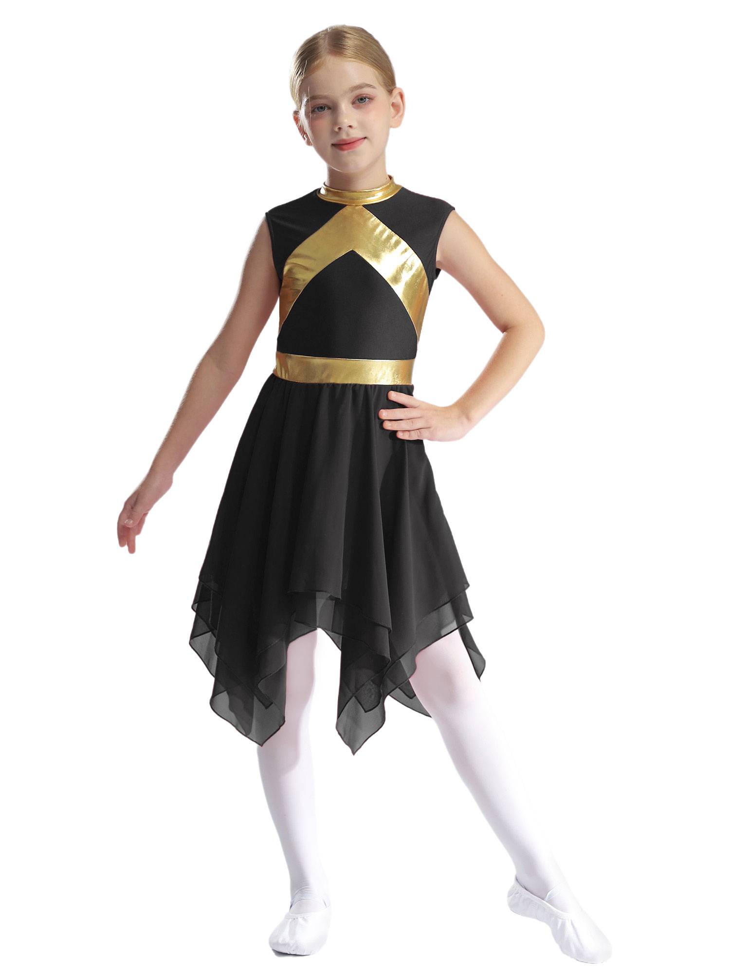 Kids Girls Metallic Sleeveless Asymmetrical Liturgical Praise Dance Dress