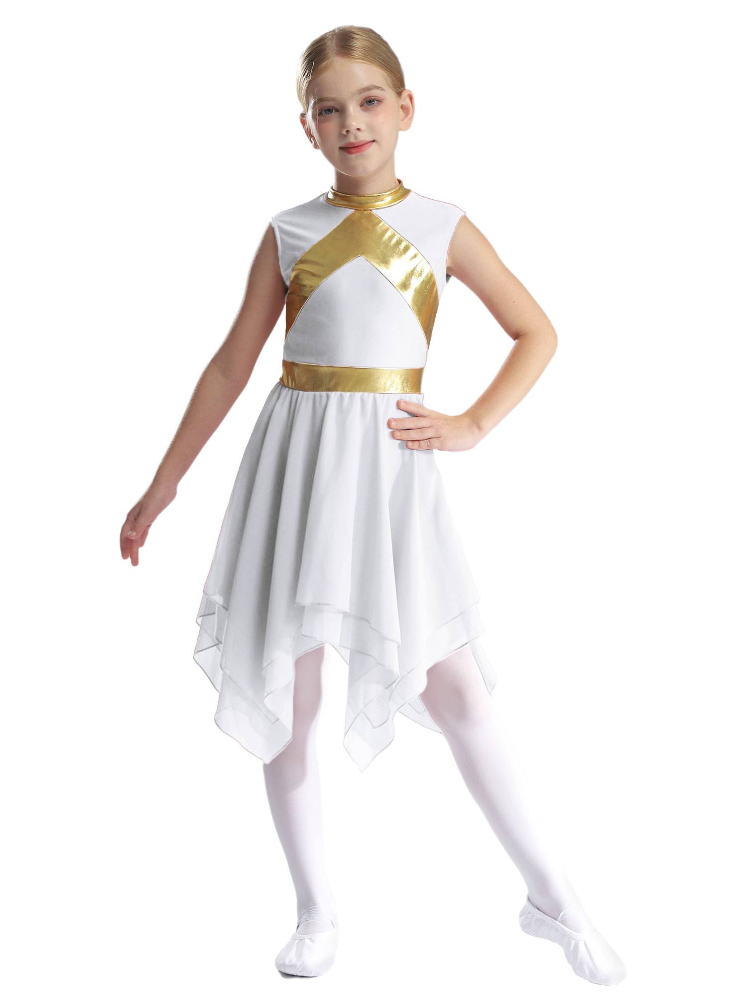 Kids Girls Metallic Sleeveless Asymmetrical Liturgical Praise Dance Dress