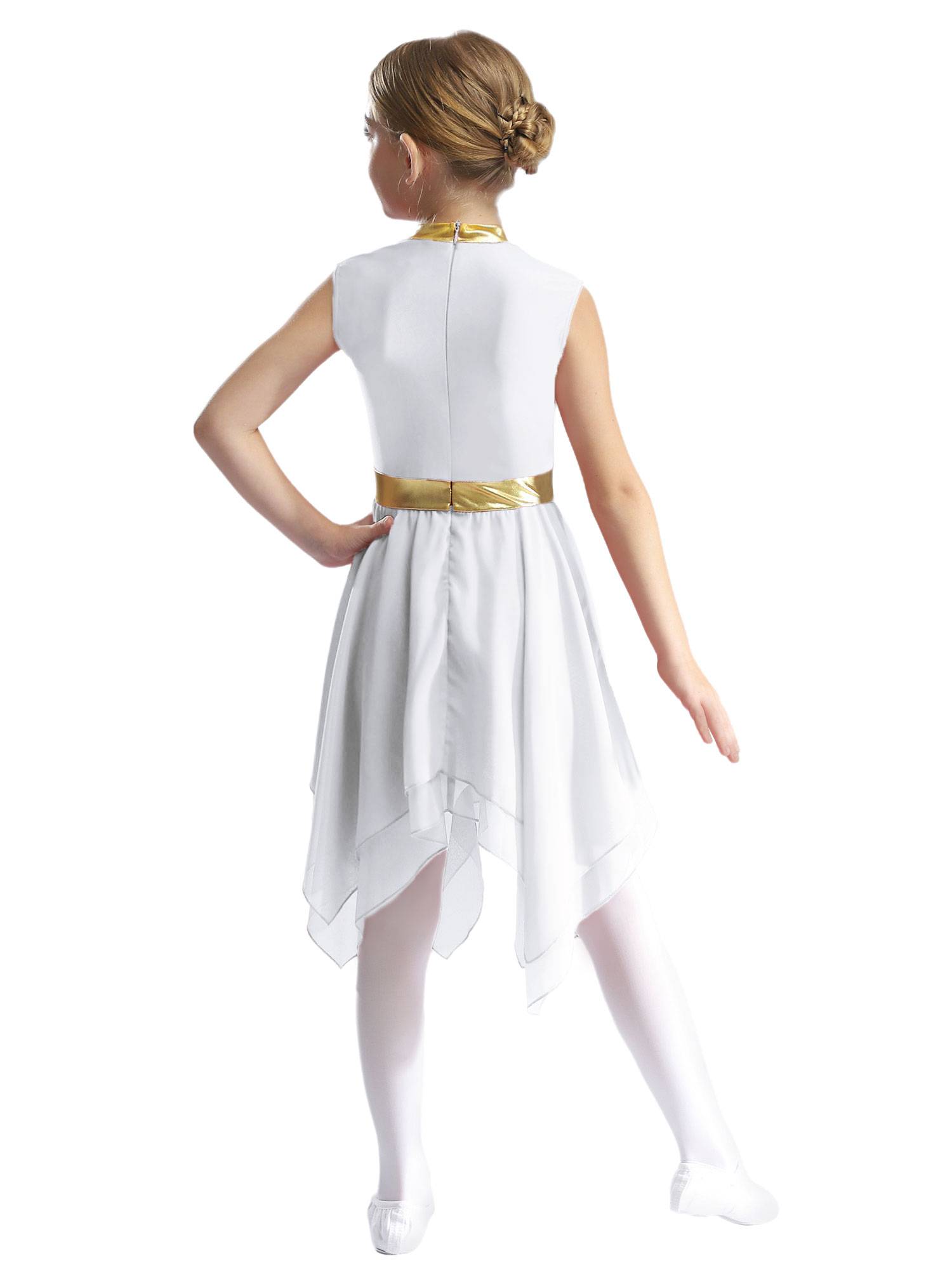 Kids Girls Metallic Sleeveless Asymmetrical Liturgical Praise Dance Dress