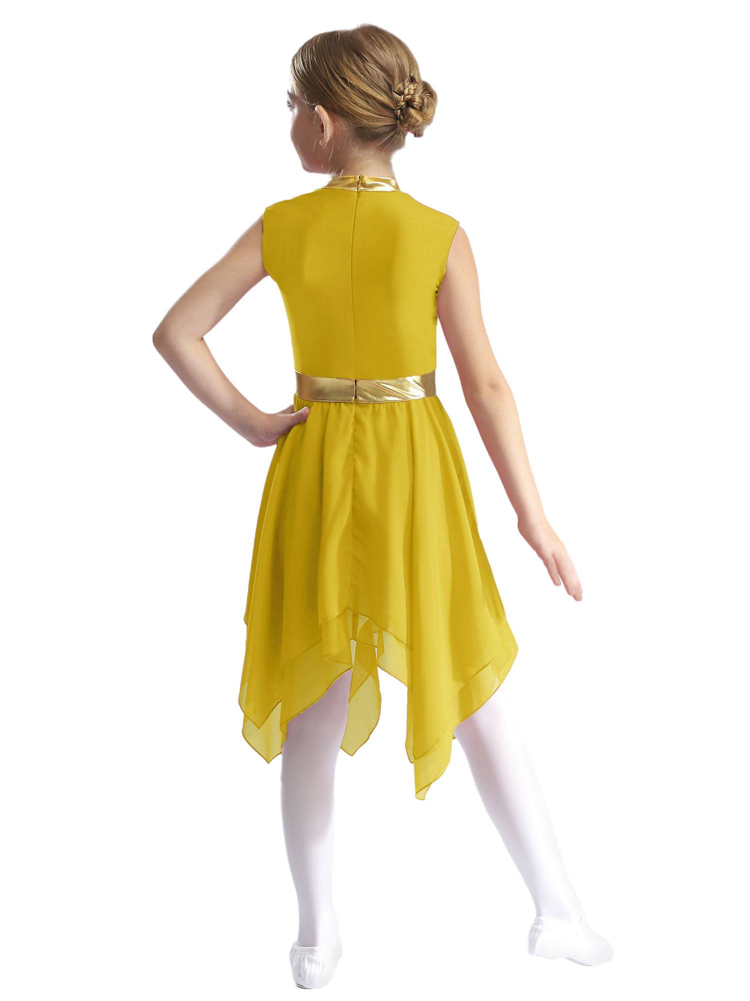 Kids Girls Metallic Sleeveless Asymmetrical Liturgical Praise Dance Dress