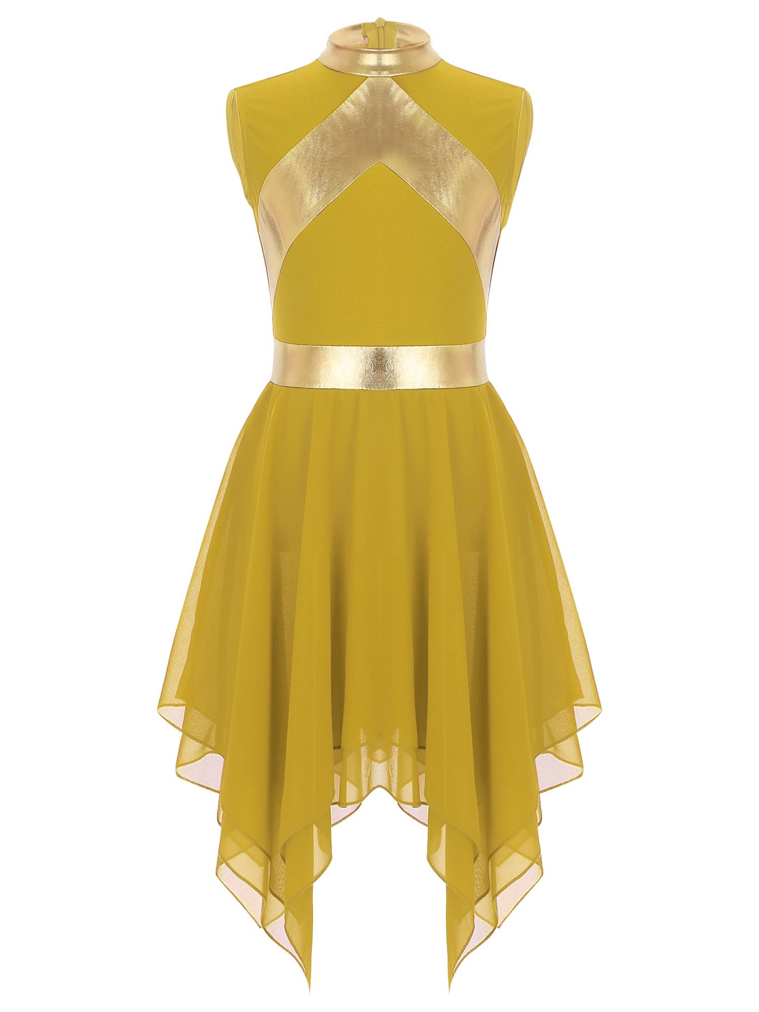 Kids Girls Metallic Sleeveless Asymmetrical Liturgical Praise Dance Dress