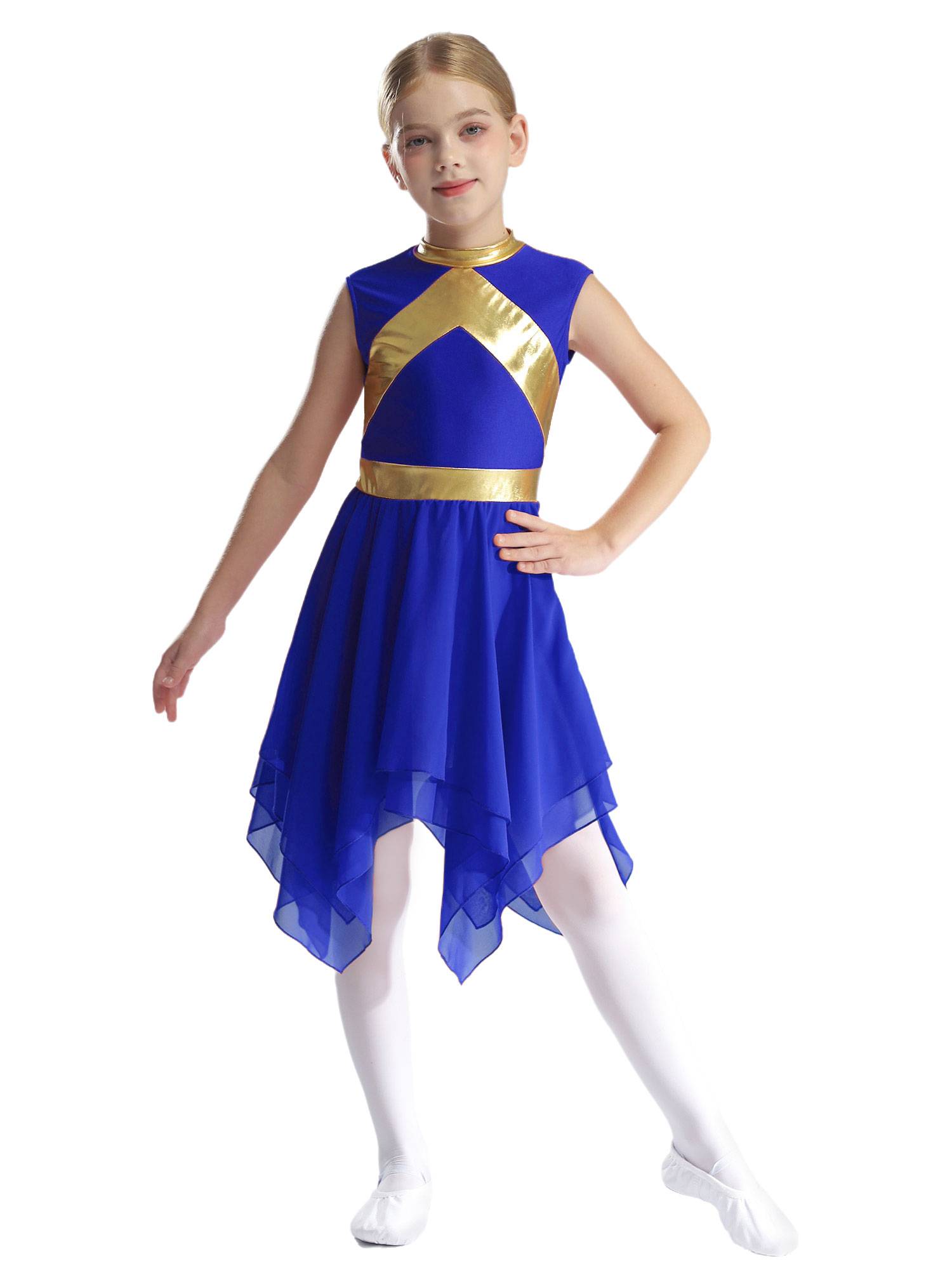 Kids Girls Metallic Sleeveless Asymmetrical Liturgical Praise Dance Dress